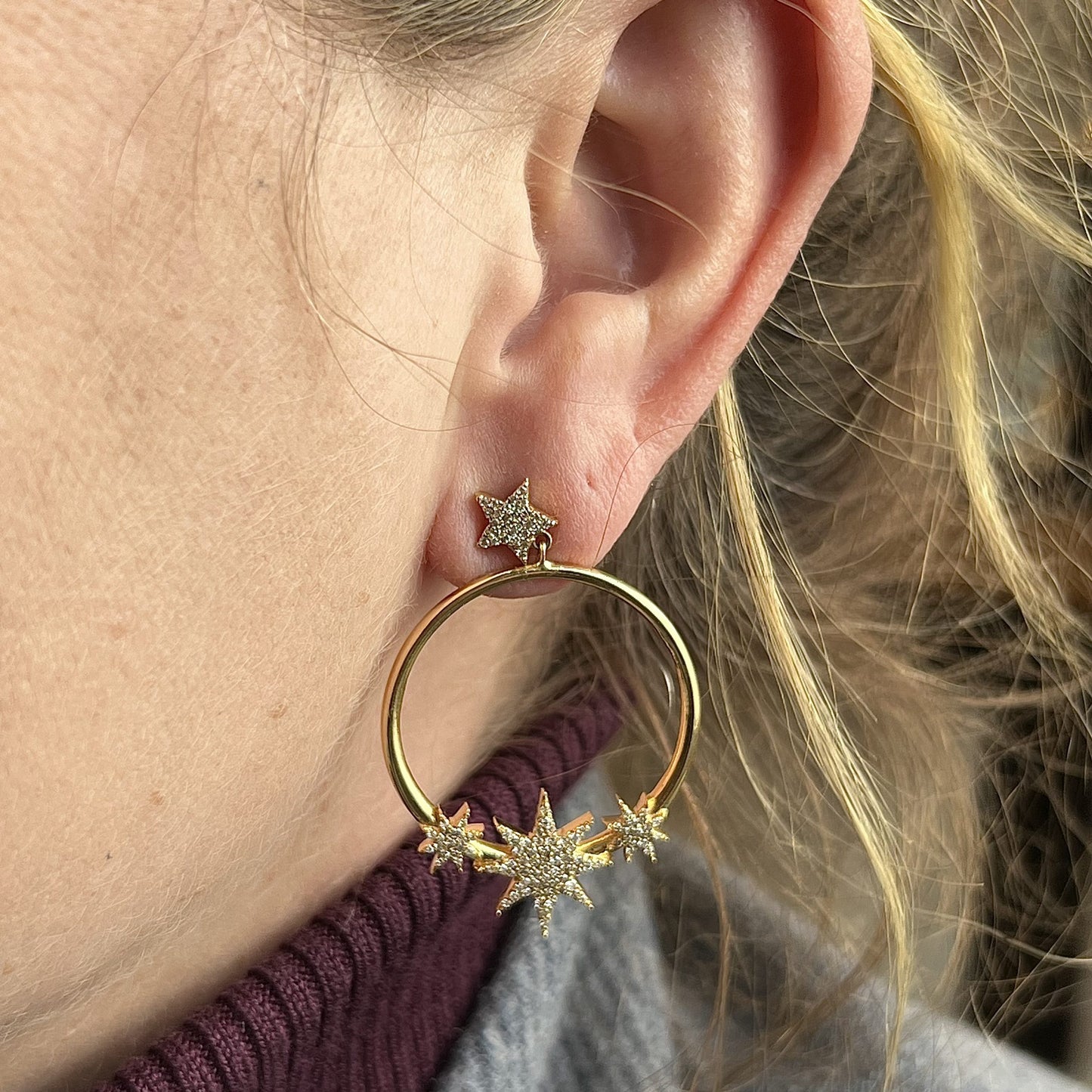 Pave Diamond Celestial Star Hoop Earrings in 14k Yellow Gold