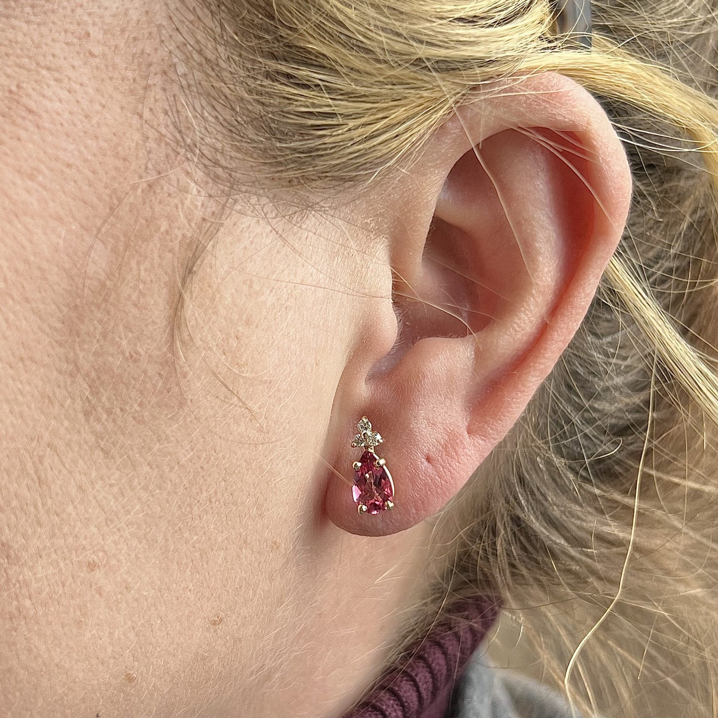 Faceted Pink Tourmaline & Diamond Earrings in 14k Yellow Gold