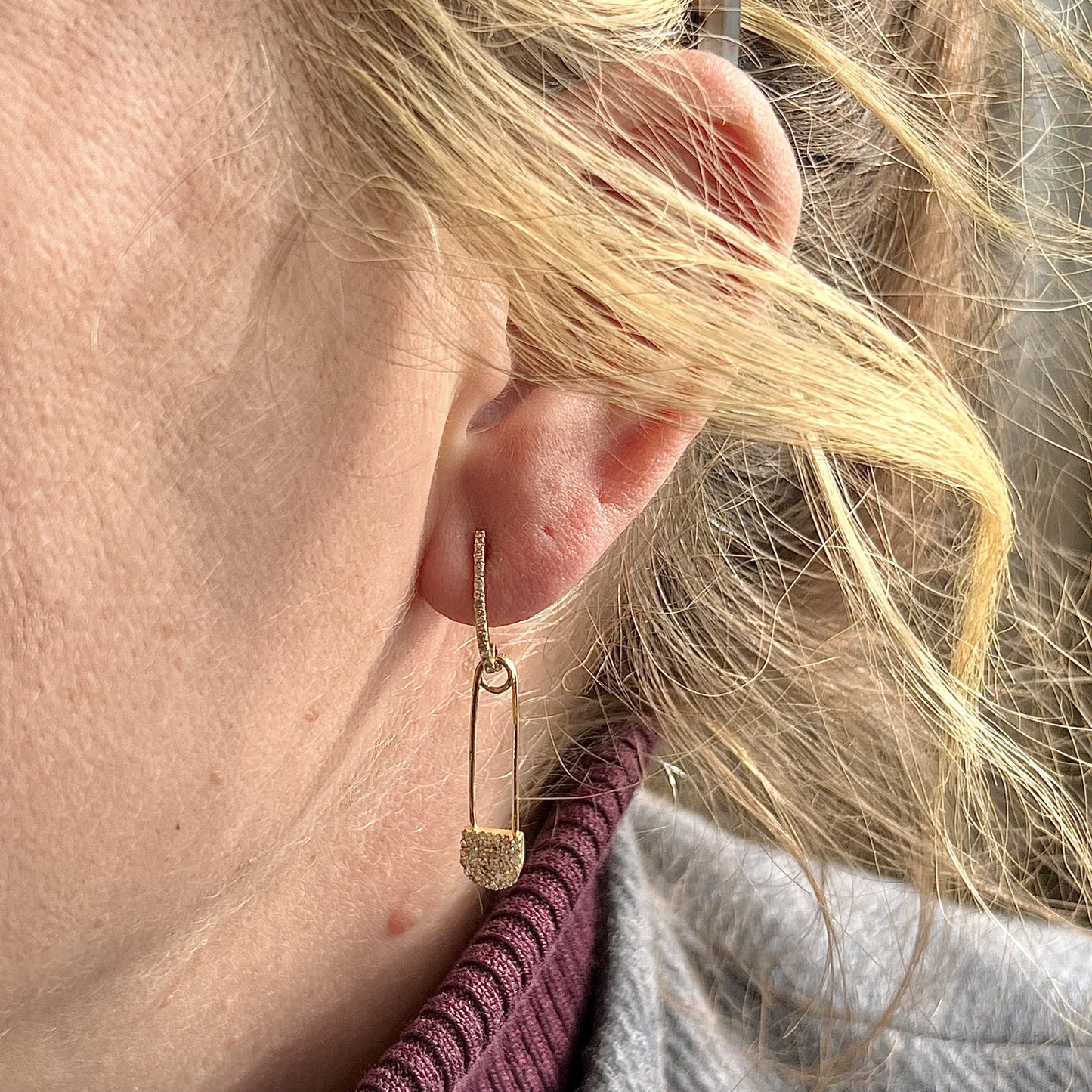 Pave Diamond Safety Pin Drop Earrings in 14k Yellow Gold