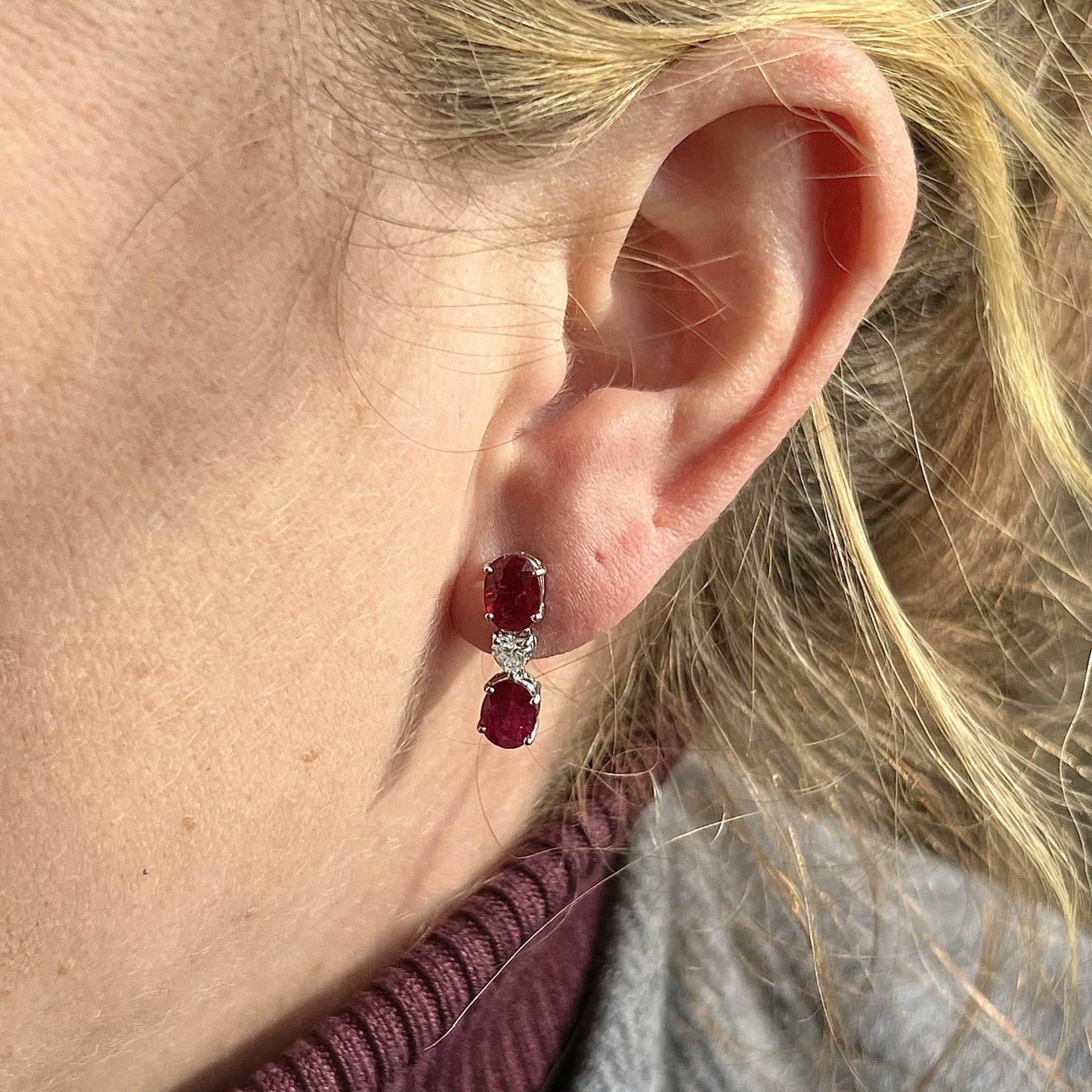 Ruby & Heart Cut Diamond Drop Earrings in 18k White Gold