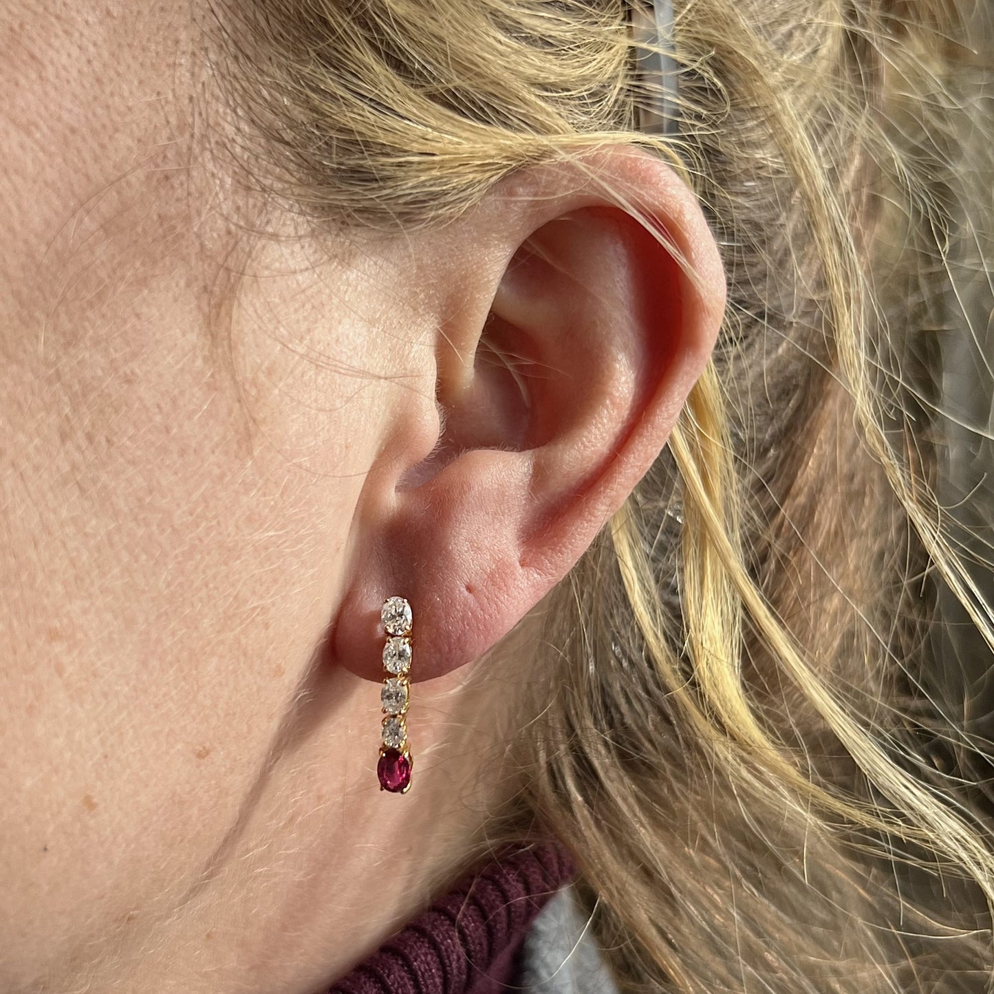 Oval Cut Diamond & Ruby Drop Earrings in 18k Yellow Gold