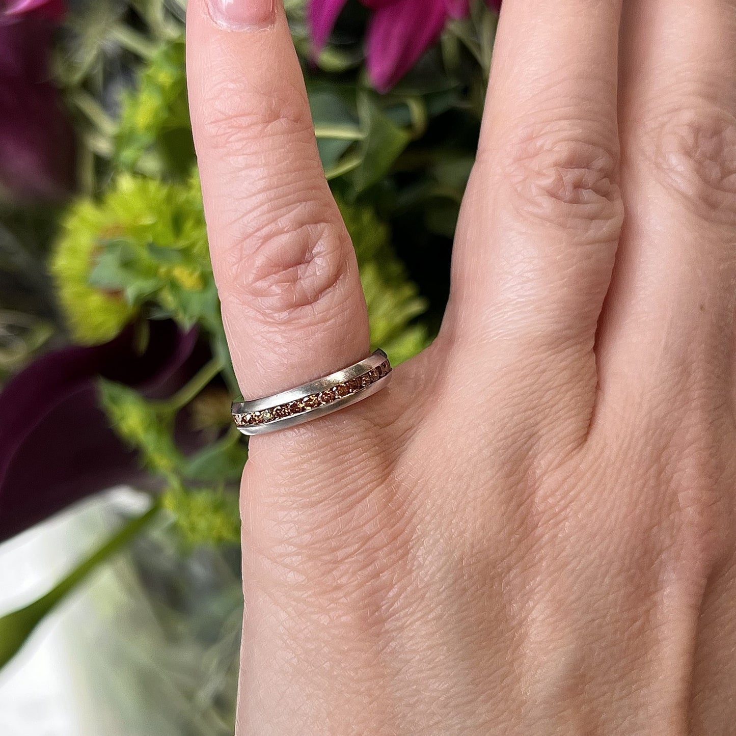 Channel Set Orange Diamond Set Stacking Band in Platinum