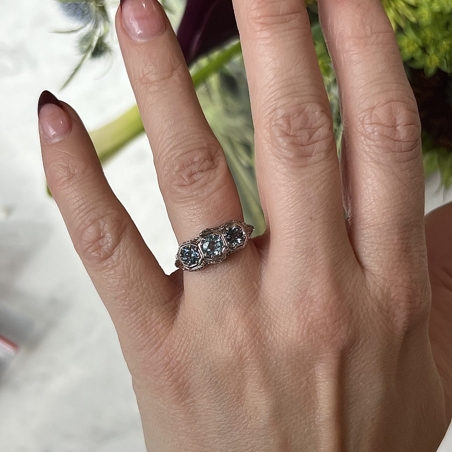 Art Deco Aquamarine Three Stone Cocktail Ring in 18k White Gold