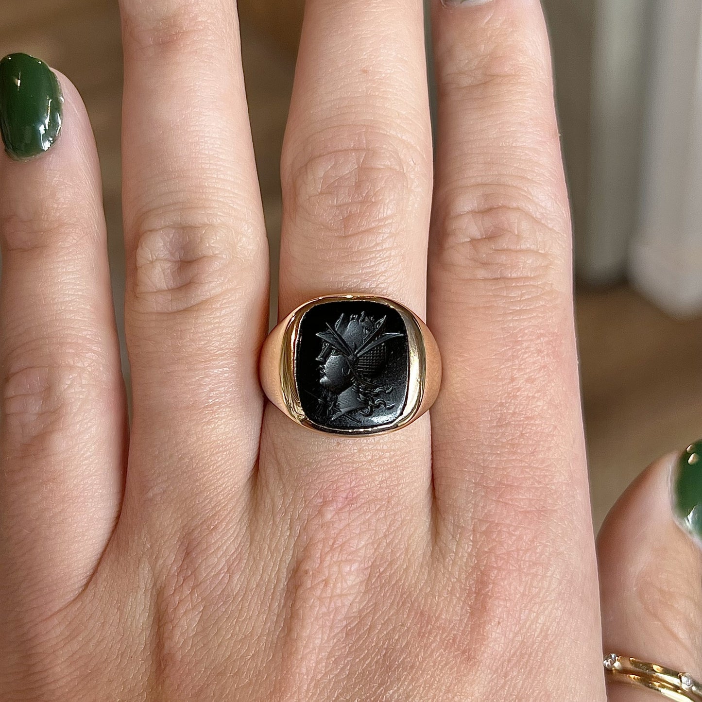 Mid-Century Men's Onyx Intaglio Ring in 14k Yellow Gold