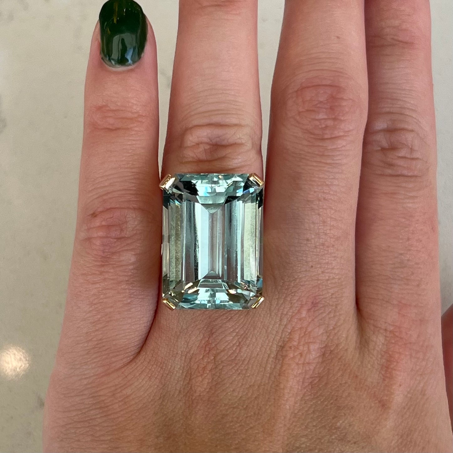 44 Carat Emerald Cut Aquamarine Cocktail Ring in 14k Yellow Gold