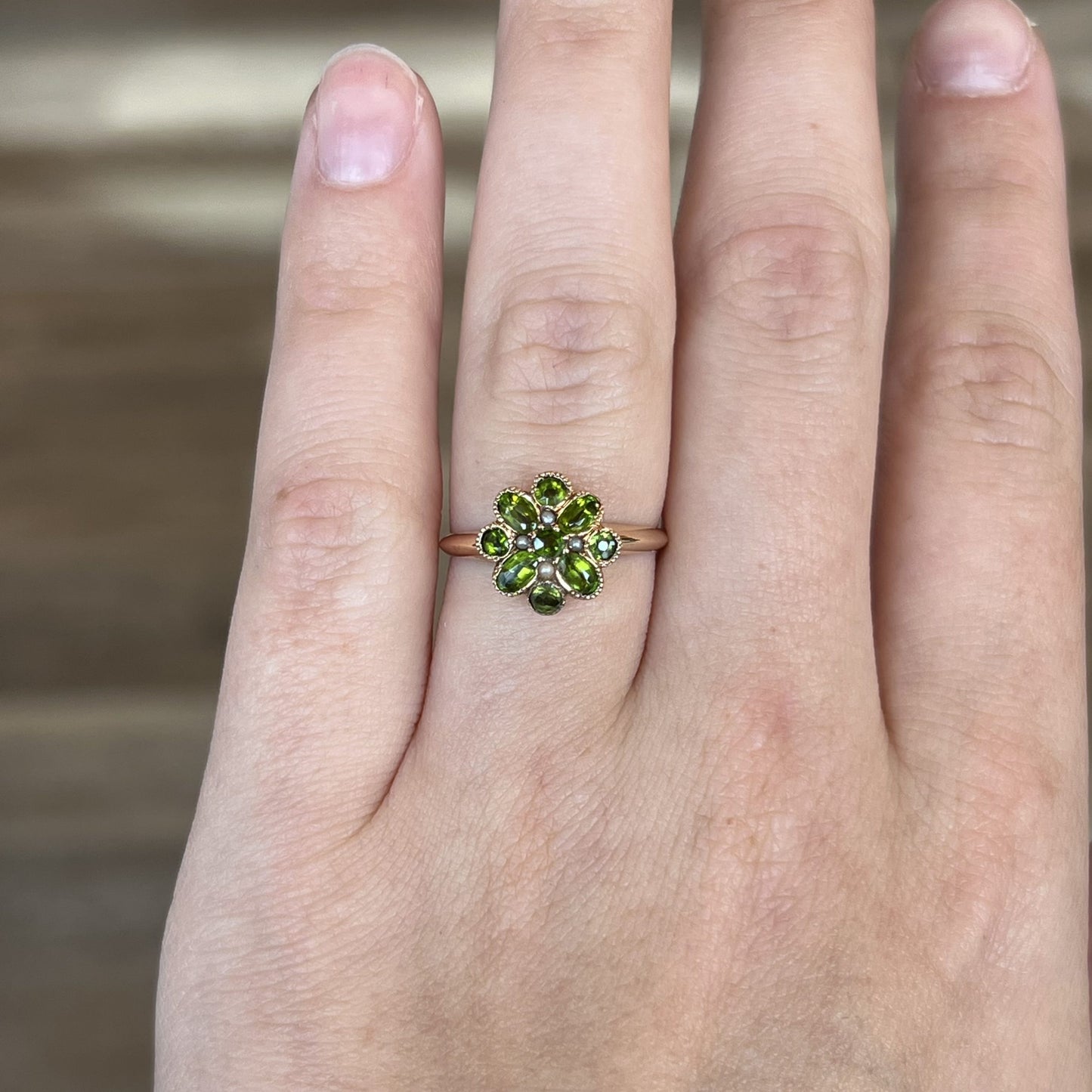 Victorian Peridot & Seed Pearl Flower Ring in 10k Yellow Gold