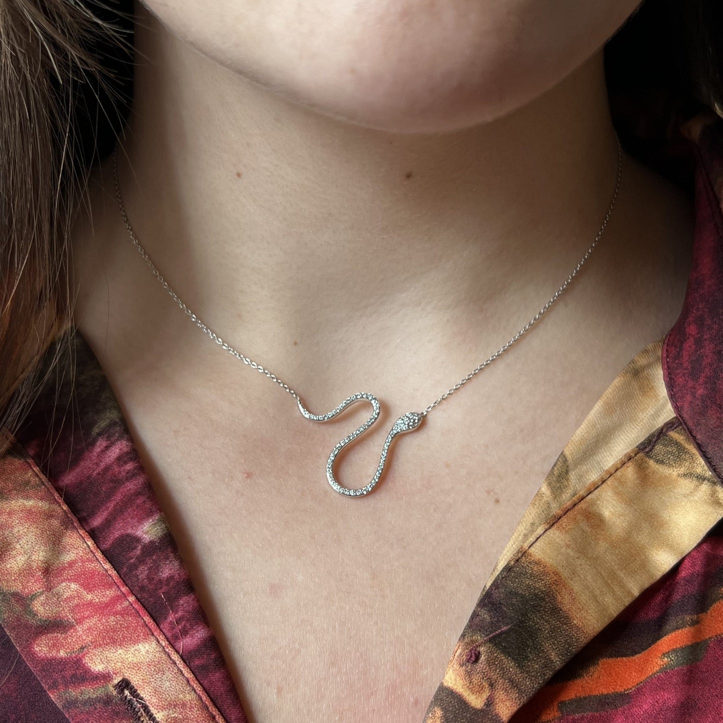 Pave Diamond Snake Pendant Necklace in 14k White Gold