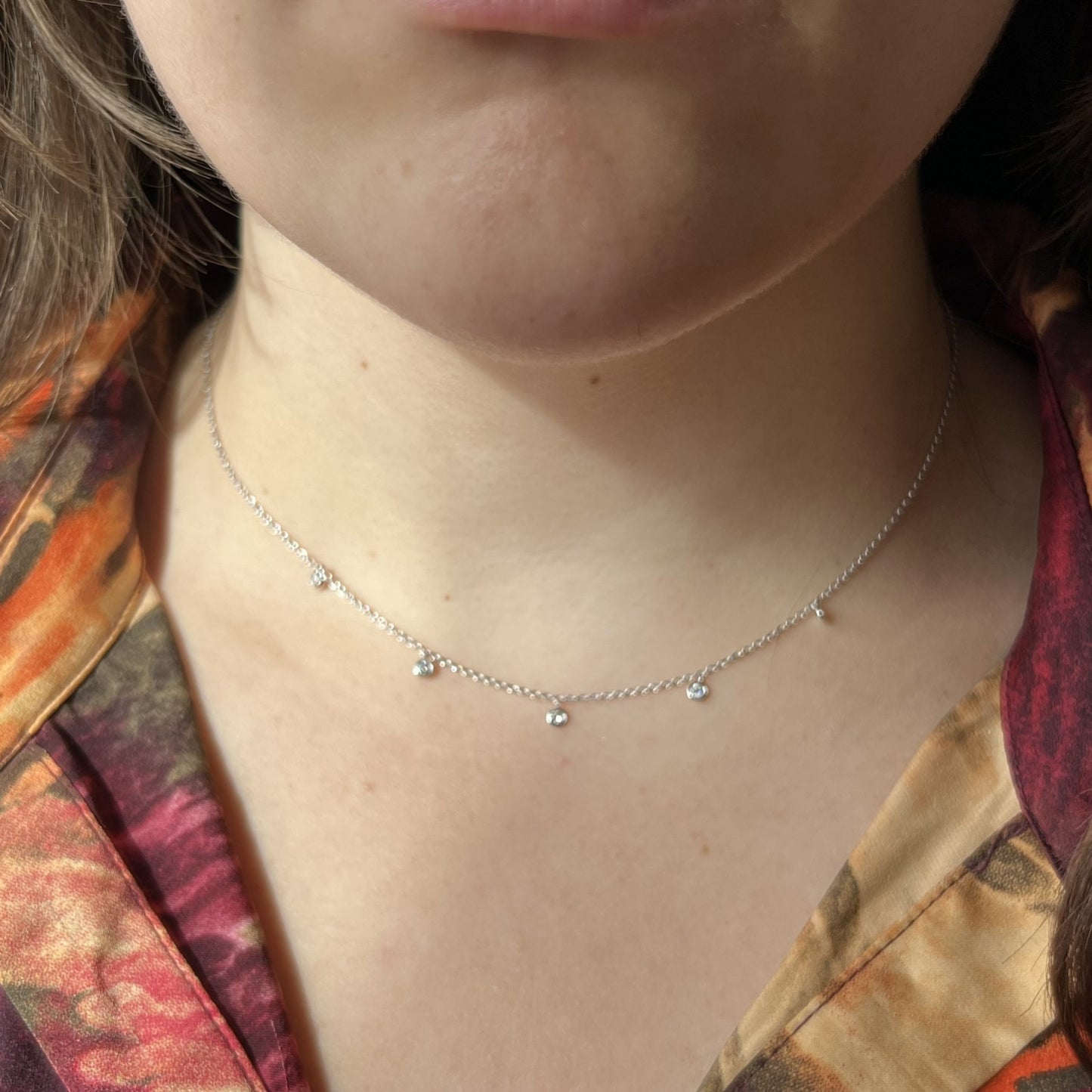 Dangling Round Diamond Bezel Necklace in 14k White Gold