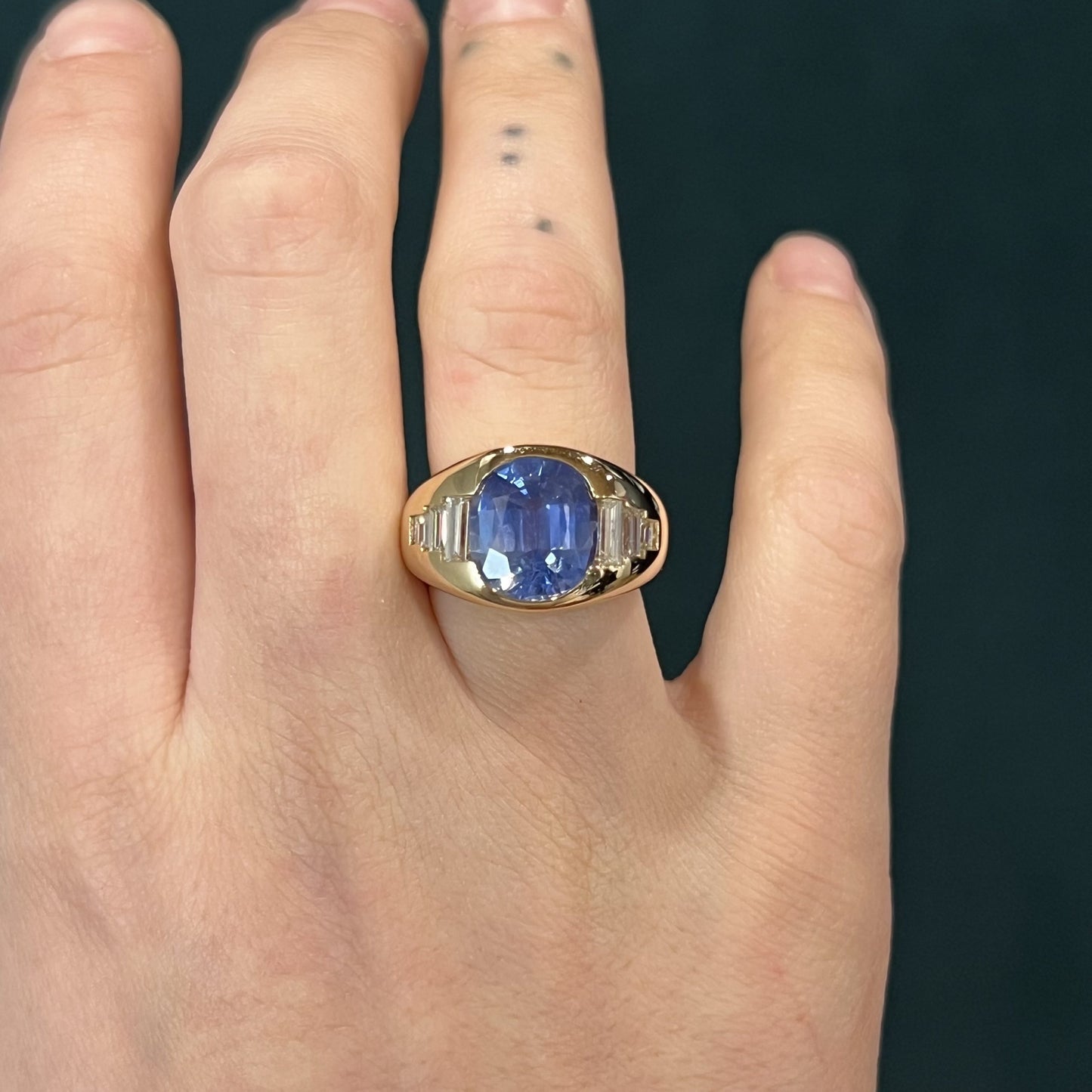 Flush Set Sapphire & Diamond Cocktail Ring in 14k Yellow Gold