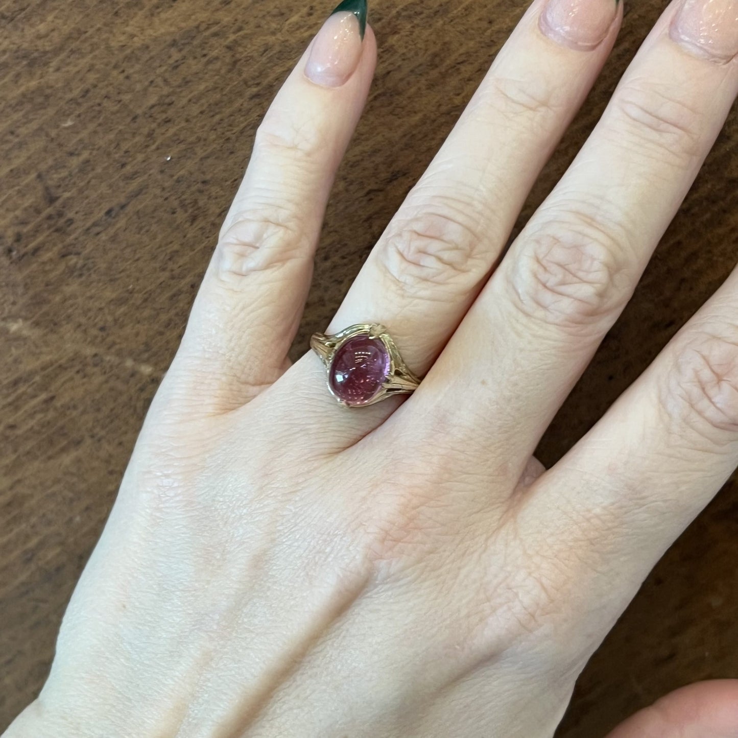 Art Deco Cabochon Cut Pink Tourmaline Ring in 14k Yellow Gold