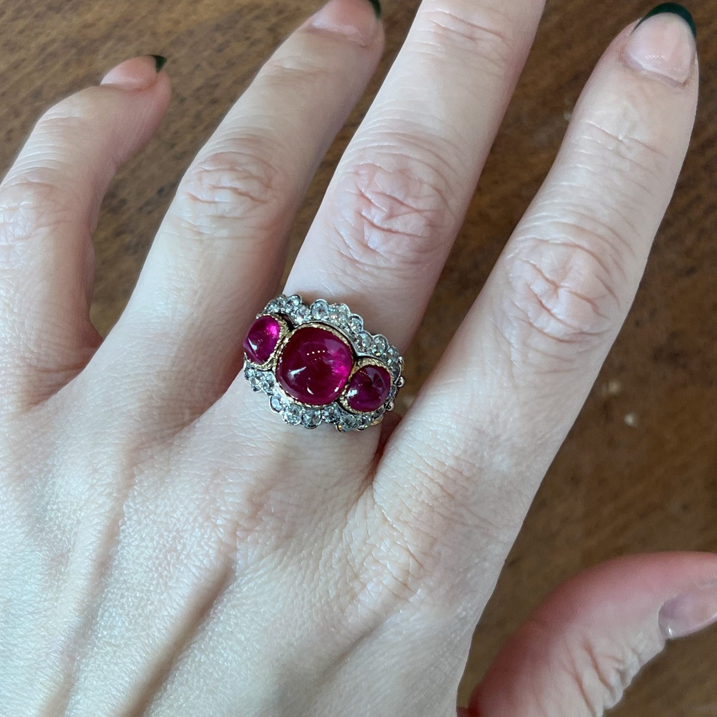Cabochon Cut Ruby & Diamond Cocktail Ring 18k Gold