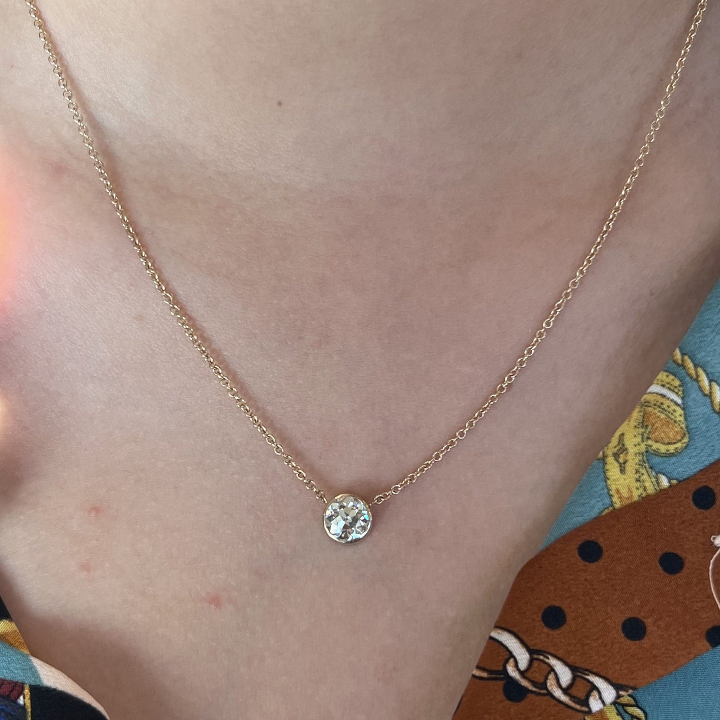 1.36 Bezel Set Old European Diamond Necklace in 14k Gold