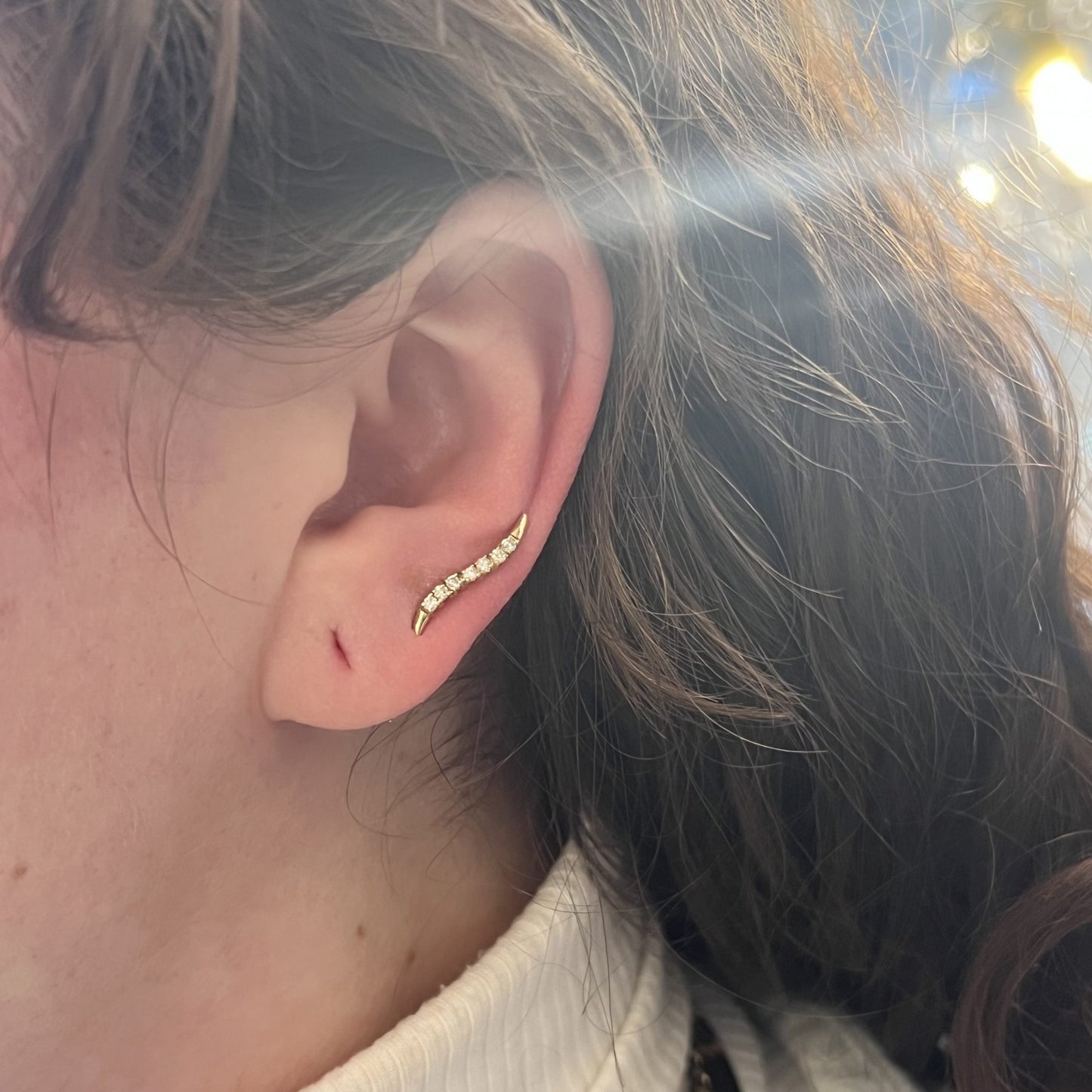 Curved Diamond Bar Drop or Climber Earrings in 14k Yellow Gold