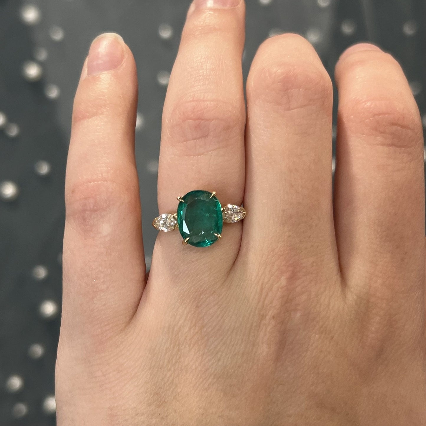 3.01 Oval Cut Emerald & Marquise Diamond Ring in 14k Yellow Gold