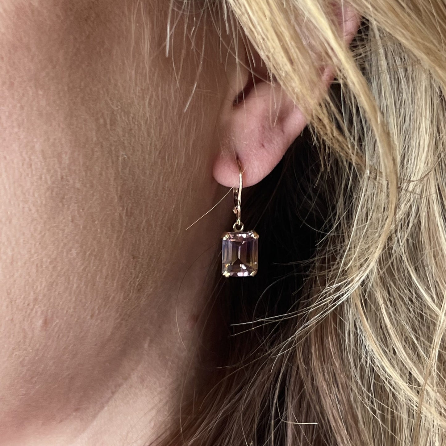 Emerald Cut Ametrine Drop Earrings in 14k Yellow Gold