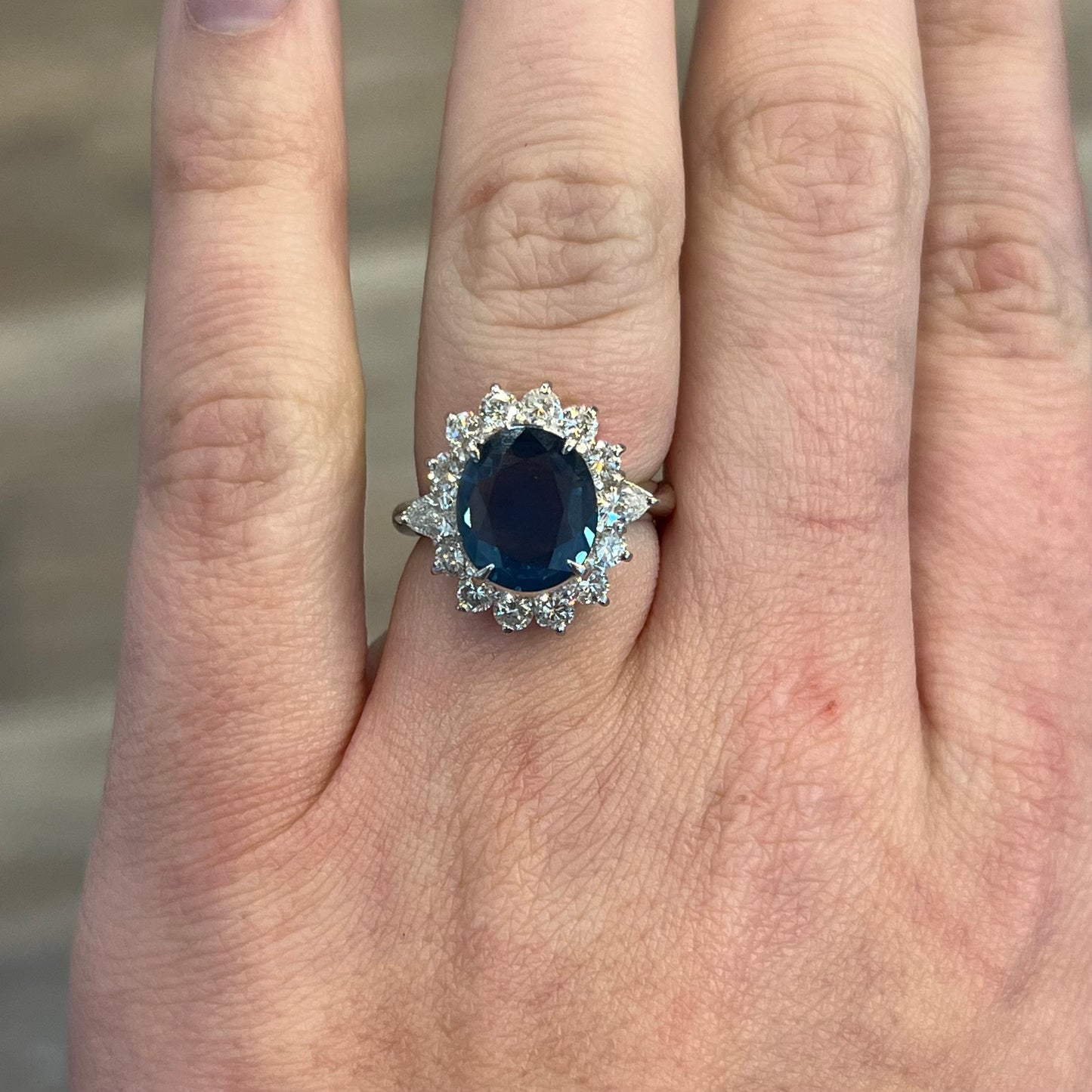 3.72 Oval Cut Sapphire & Diamond Halo Ring in Platinum