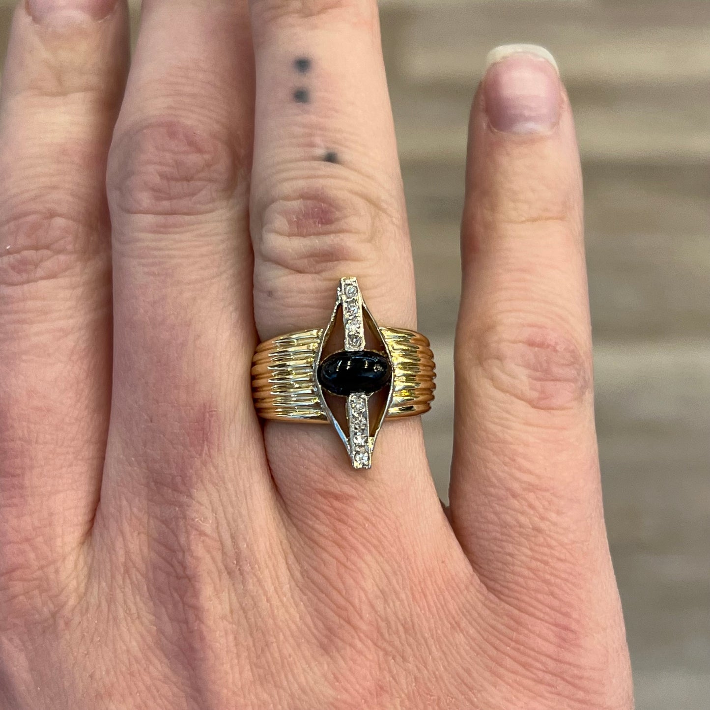 Mid-Century Cabochon Sapphire & Diamond Ring in 18k Yellow Gold