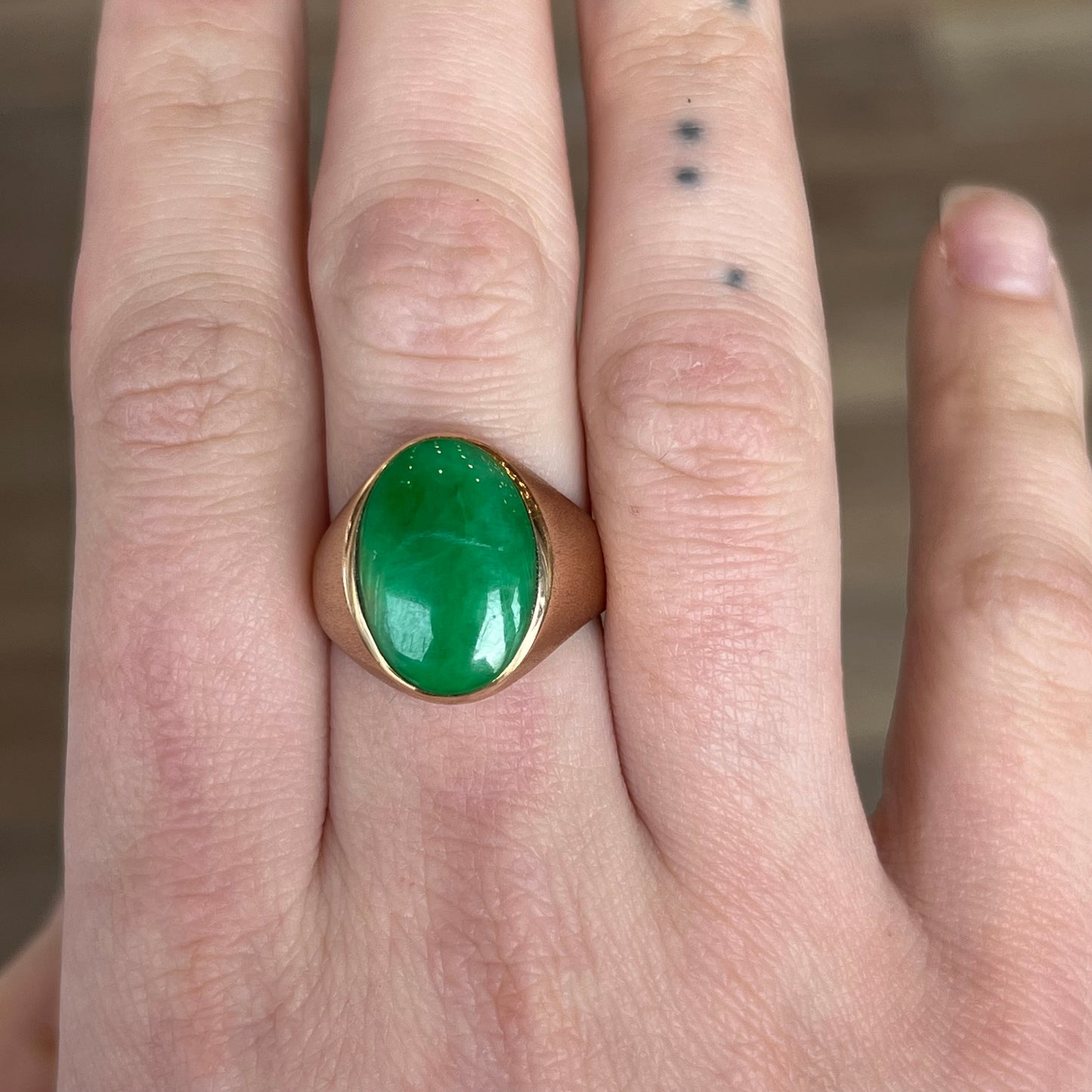 Mid-Century Textured Bezel Set Jade Cocktail Ring in 14k Yellow Gold