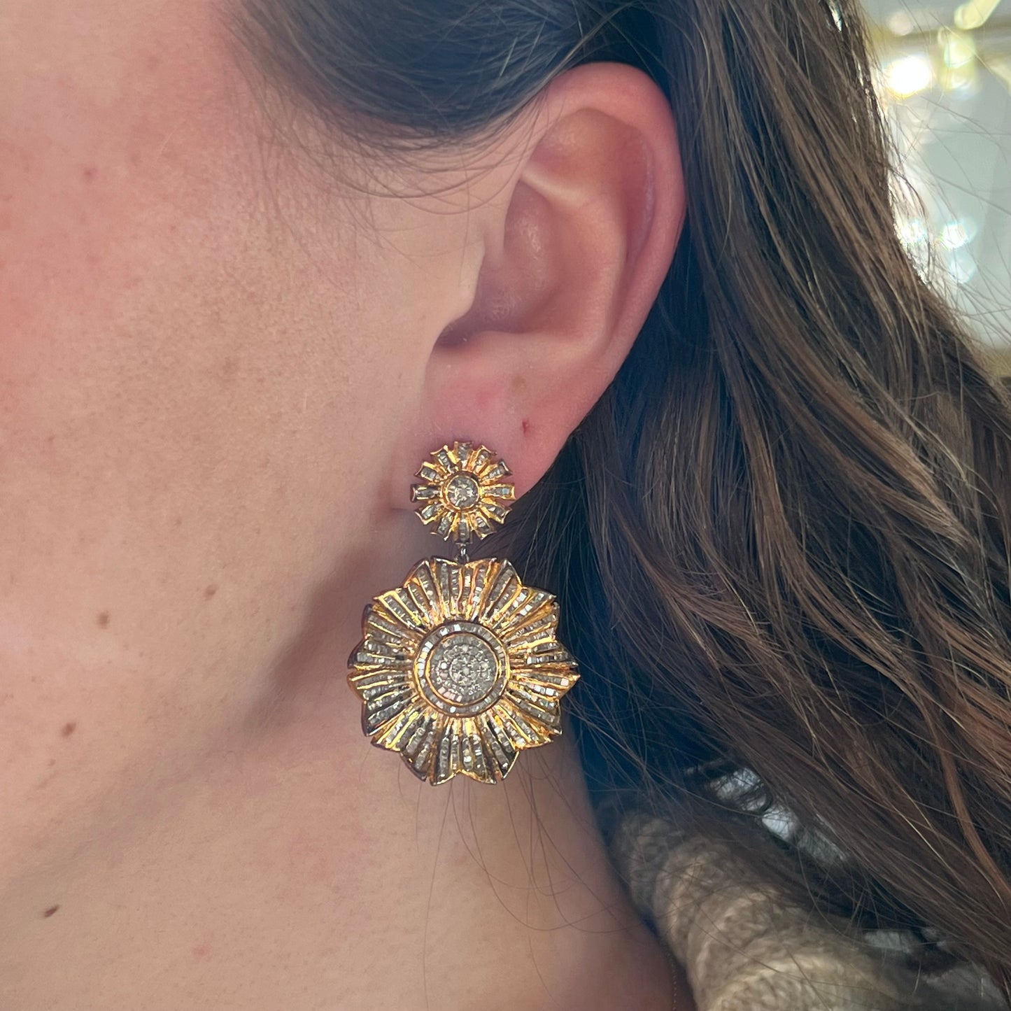 Vermeil Pave Diamond Flower Drop Earrings