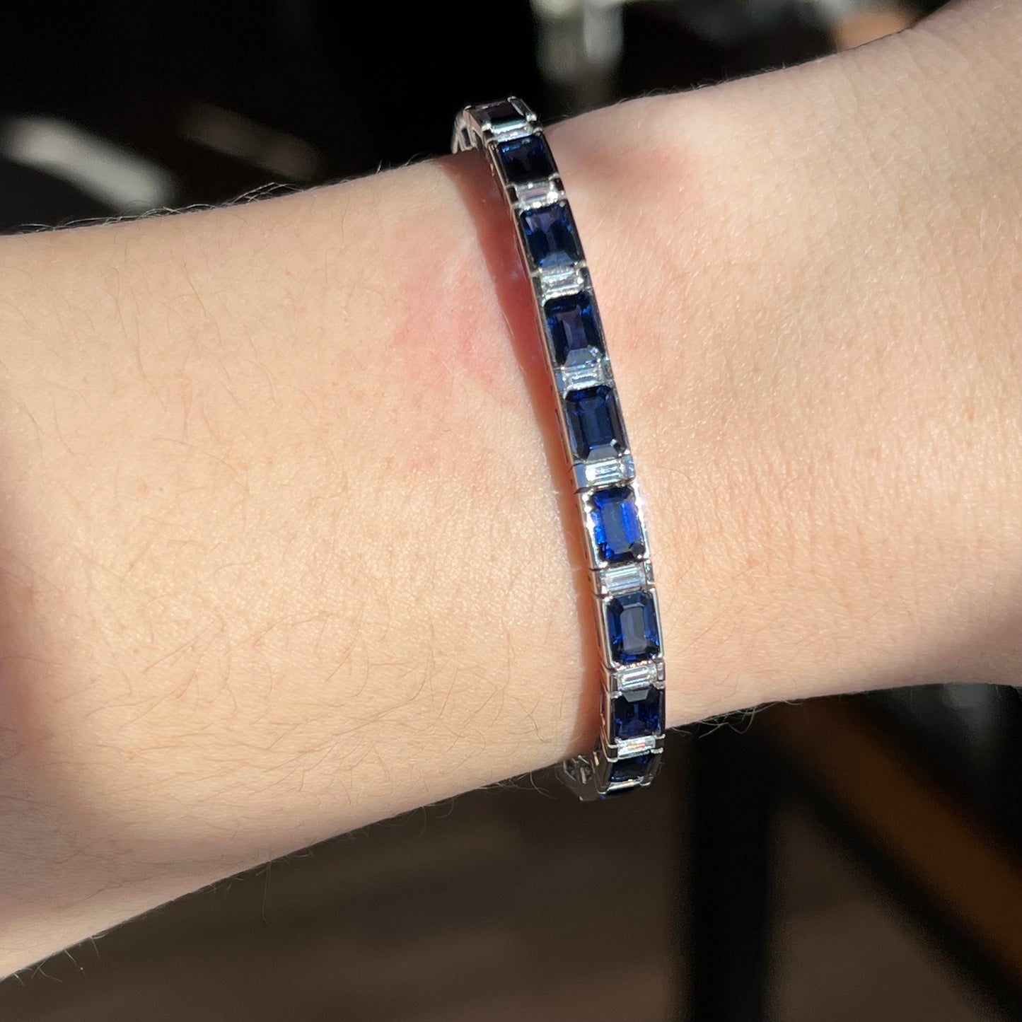 Modern Sapphire & Diamond Line Bracelet in 18k White Gold