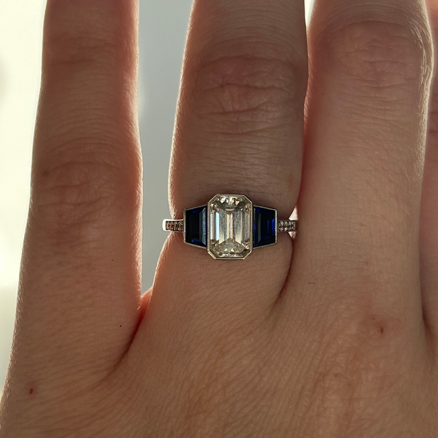 1.53 Emerald Cut Diamond & Sapphire Engagement Ring in Platinum