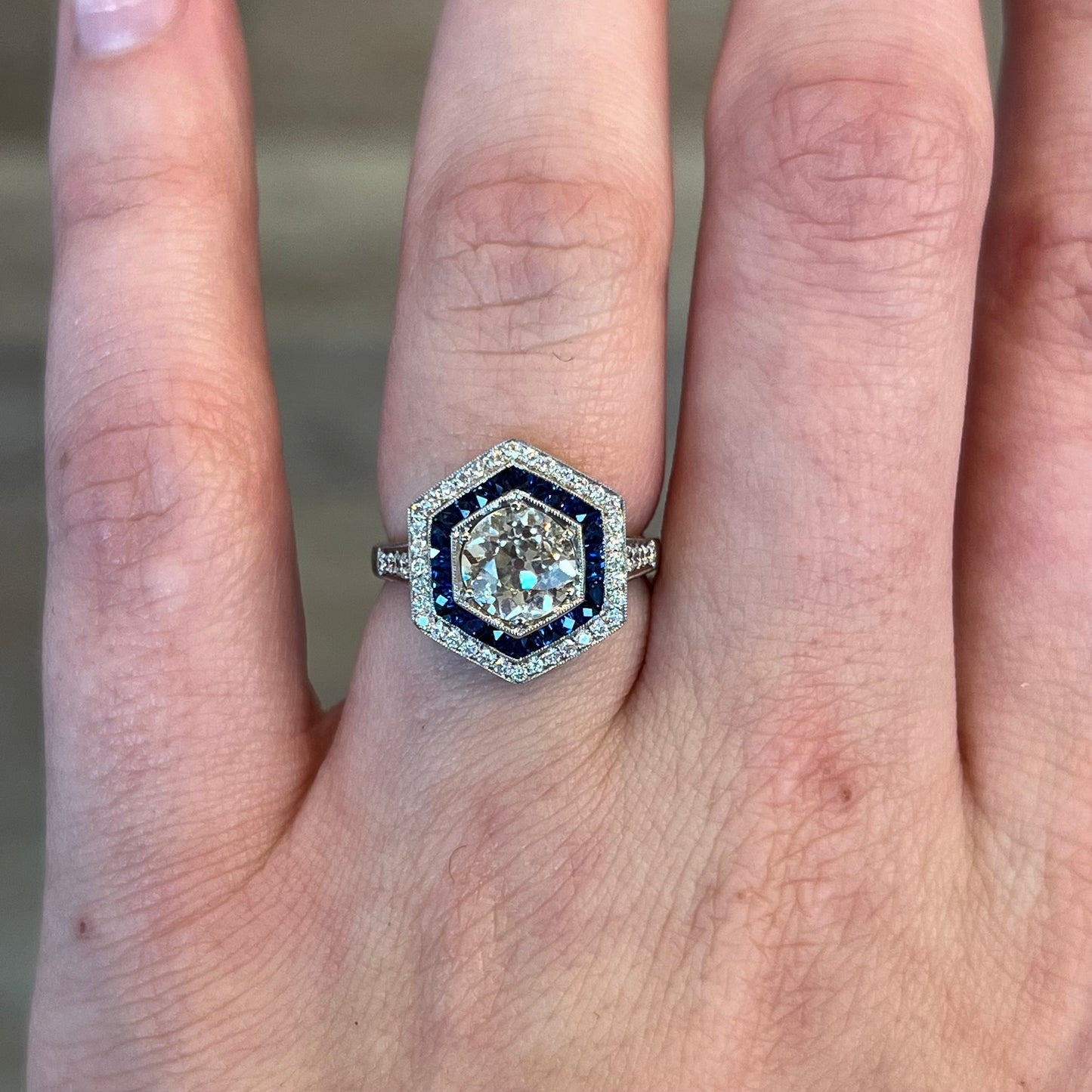 1.51 Hexagon Shaped Diamond & Sapphire Engagement Ring in Platinum