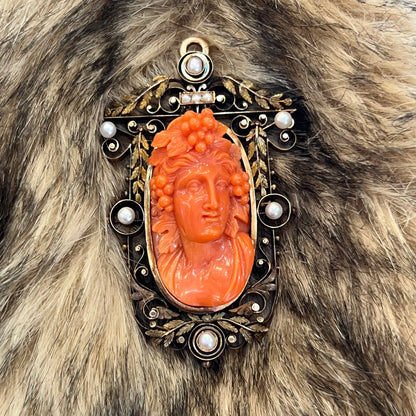 Victorian Carved Coral Cameo Pendant in Yellow Gold