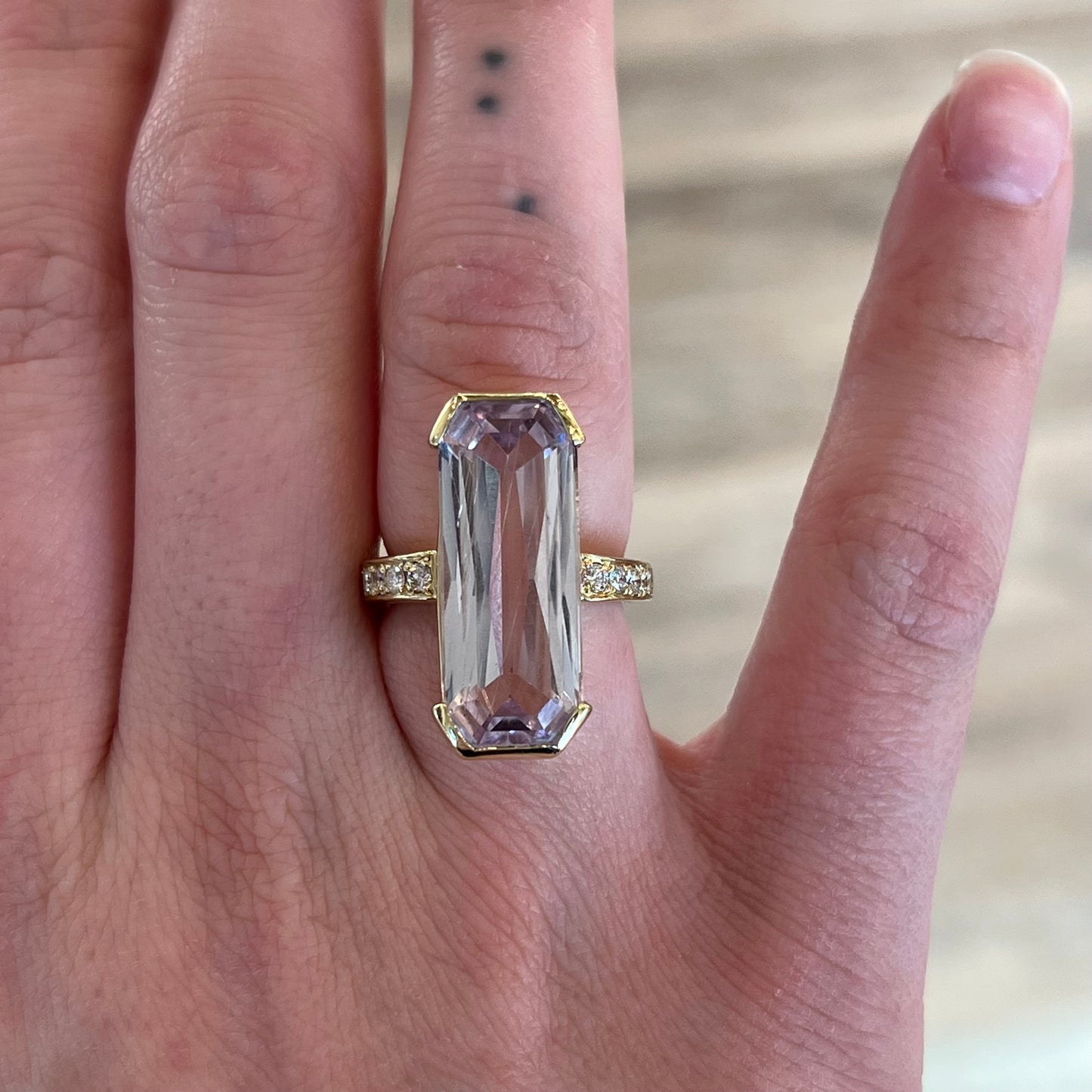 Elongated Kunzite & Diamond Cocktail Ring in 18k Yellow Gold