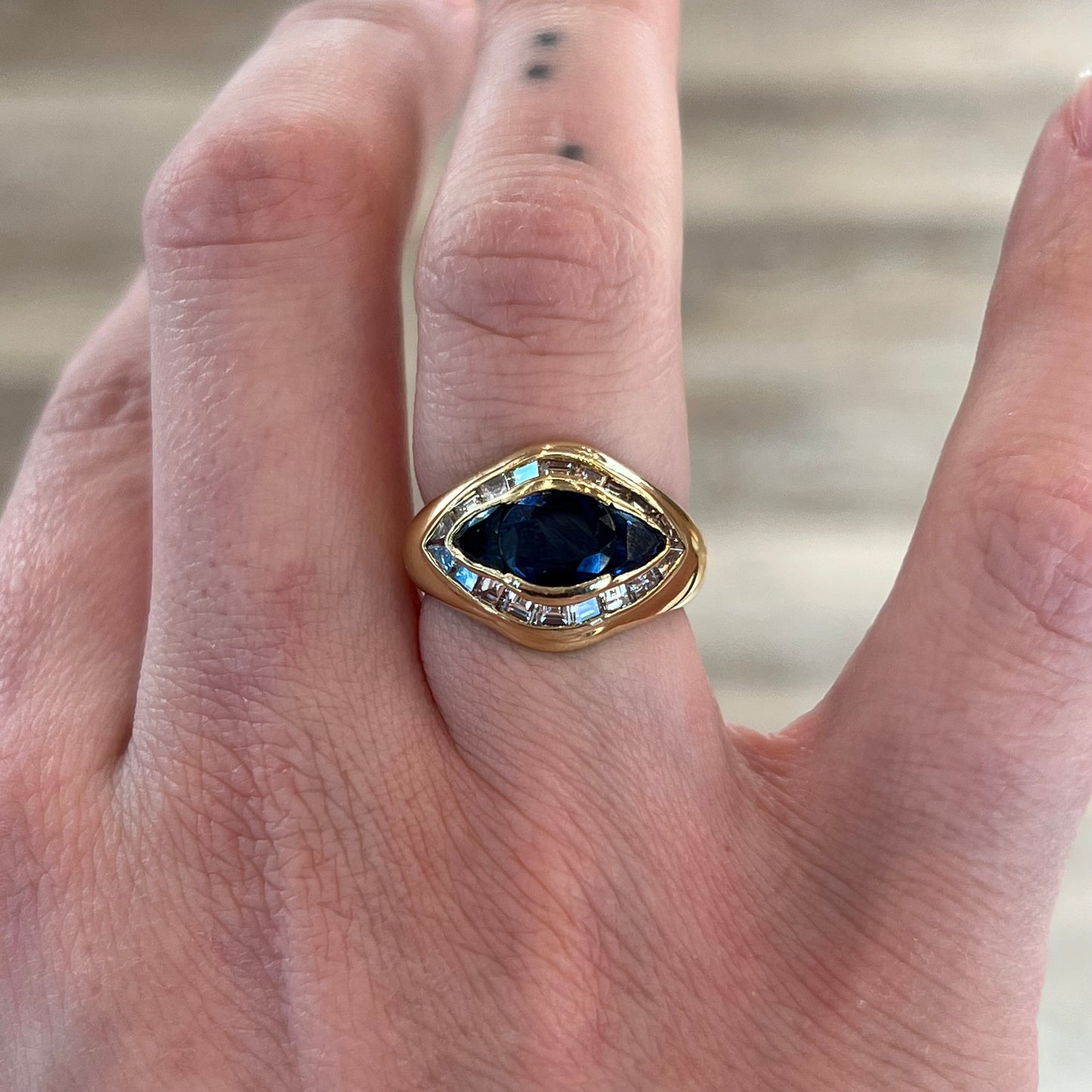Bezel Set Sapphire & Diamond Cocktail Ring in 18k Yellow Gold