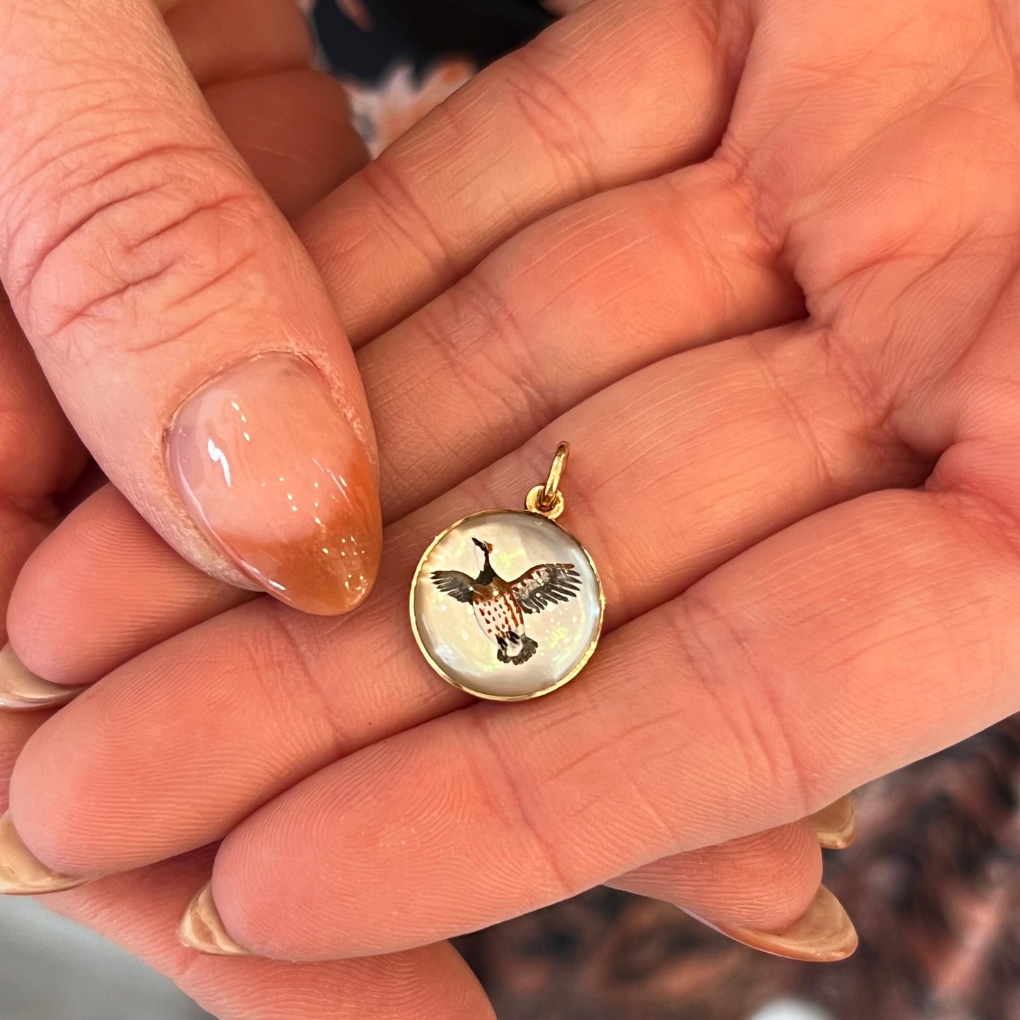 Retro Hand Painted Grouse Pendant in 14k Yellow Gold