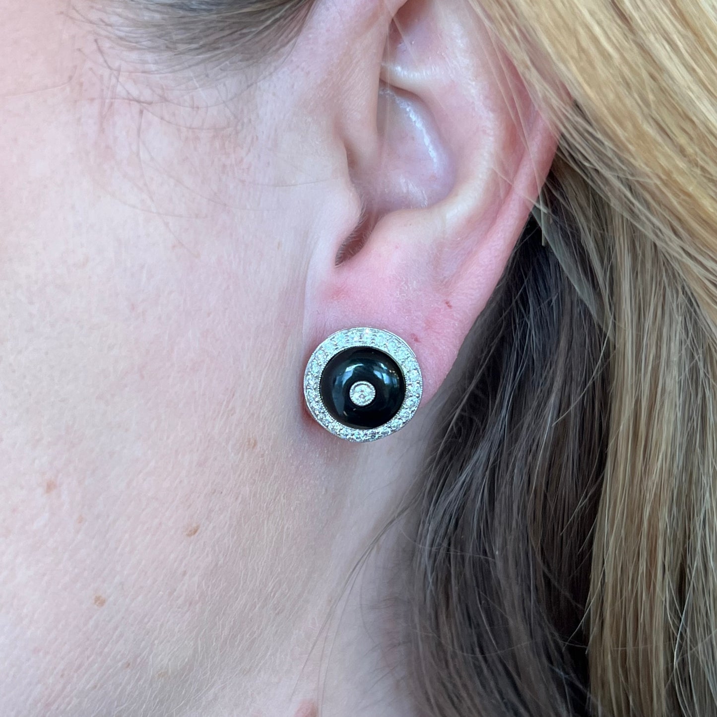 Modern Onyx & Round Brilliant Diamond Stud Earrings in Platinum