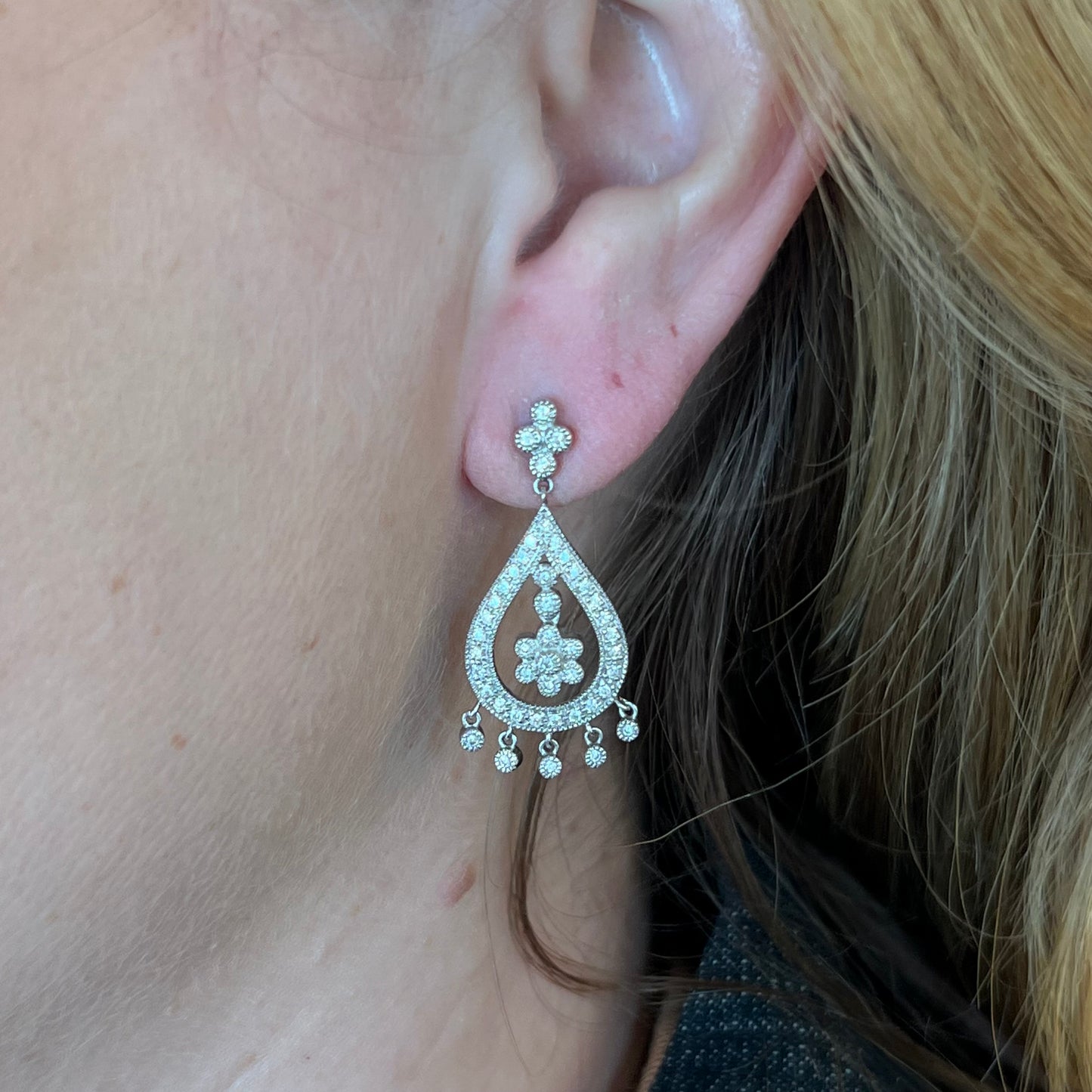 Antique Style Chandelier Diamond Dangle Earrings in 14k White Gold