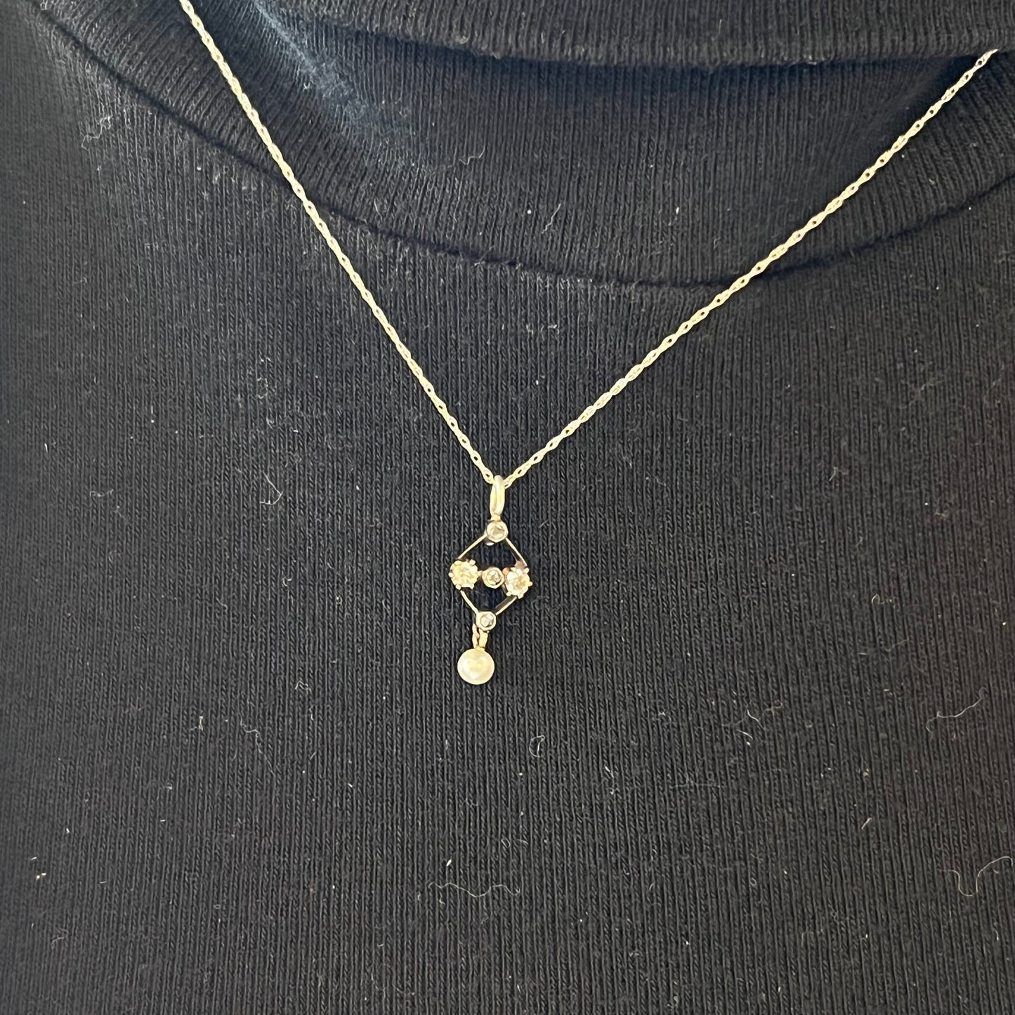 Antique Victorian Diamond & Pearl Pendant Necklace in Silver & 14k