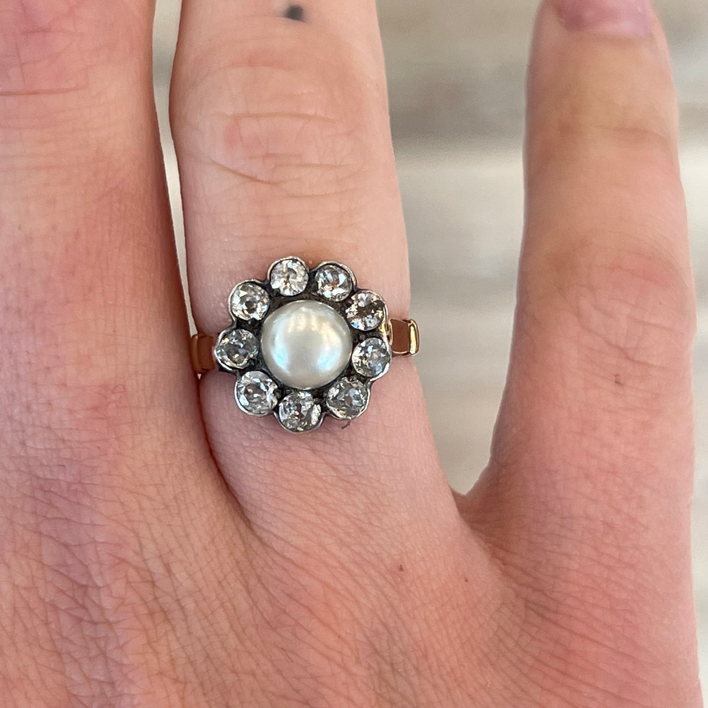 Victorian Pearl & Diamond Ring in Yellow Gold & Sterling Silver