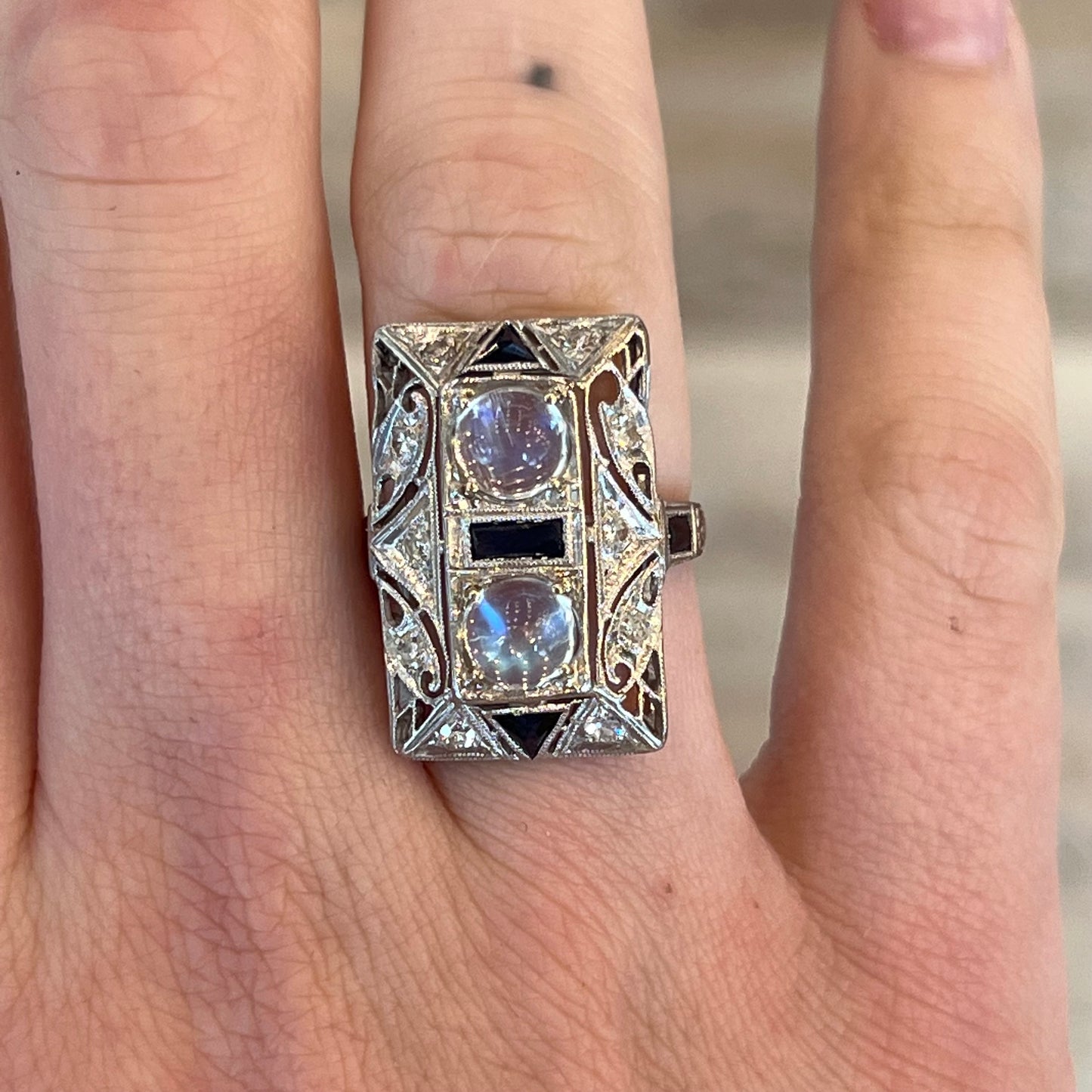 Vintage Art Deco Moonstone Cocktail Ring in Platinum