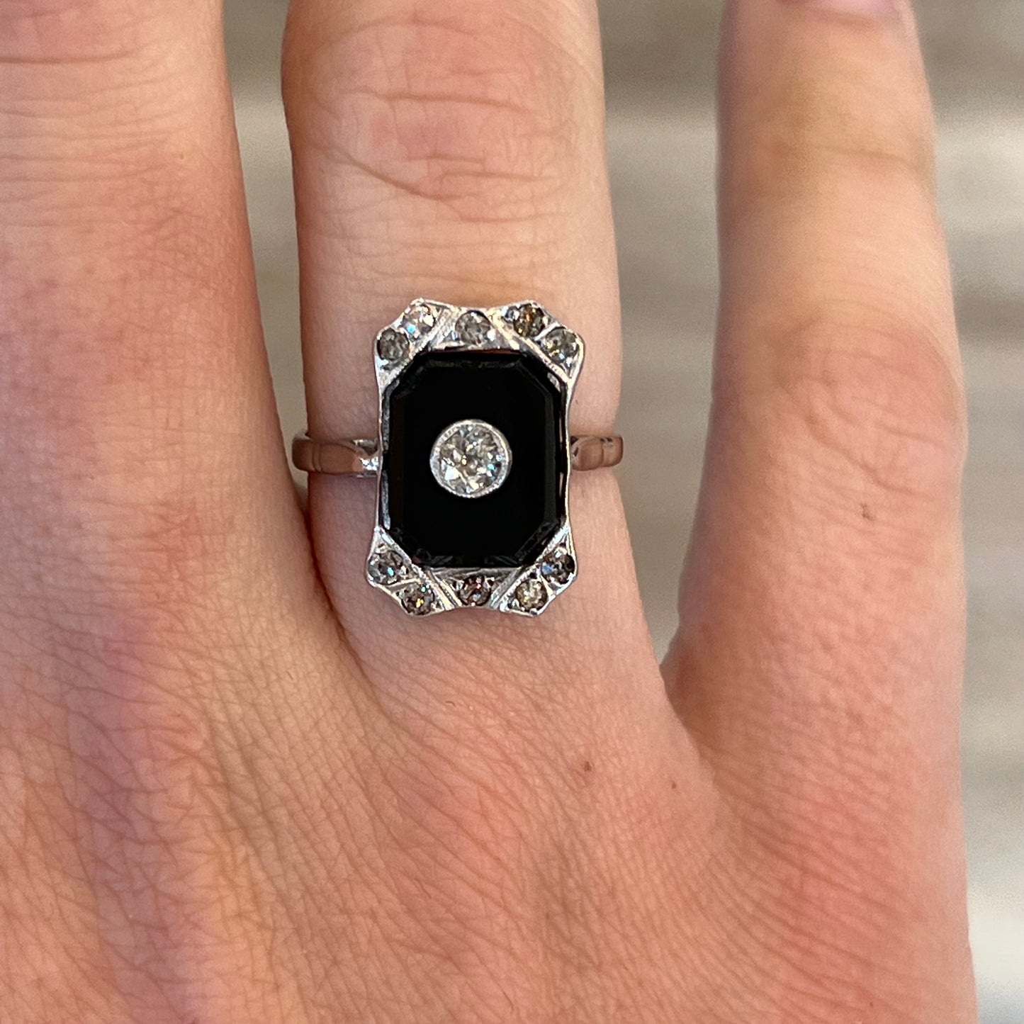 Vintage 1920's Onyx & Diamond Ring in 14k White Gold