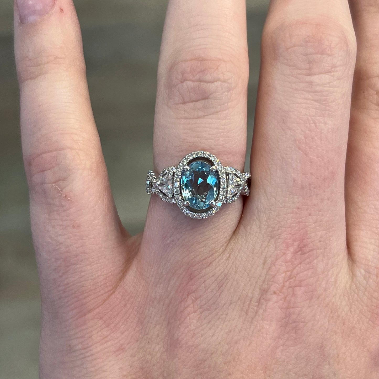 Oval Cut Aquamarine Ring w/ Diamonds in 18K White Gold
