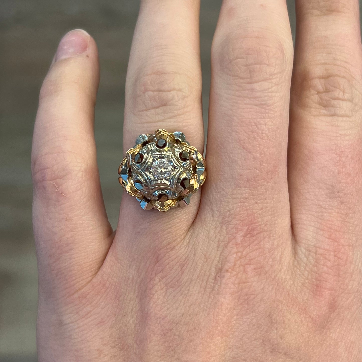 Vintage Cocktail Ring .40 Round Brilliant Cut Diamond in 18K White & Rose Gold