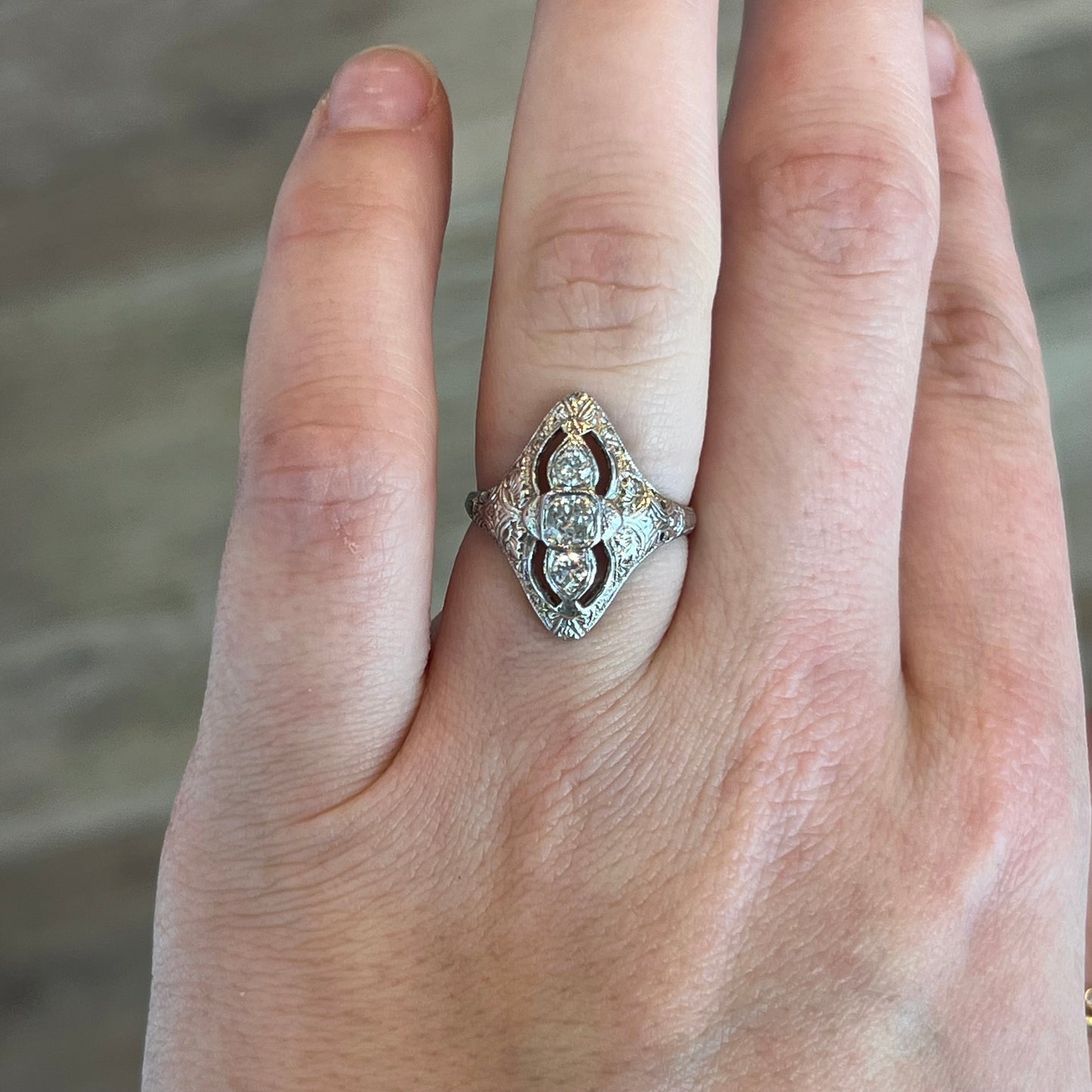 Art Deco Three Stone Diamond Ring in 18k White Gold