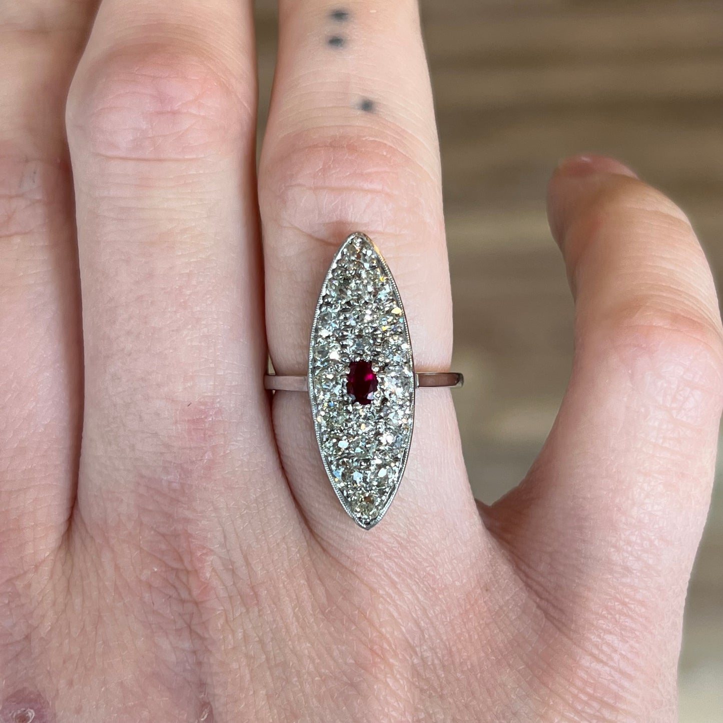 Edwardian Diamond w/ Ruby Navette Ring in 14K