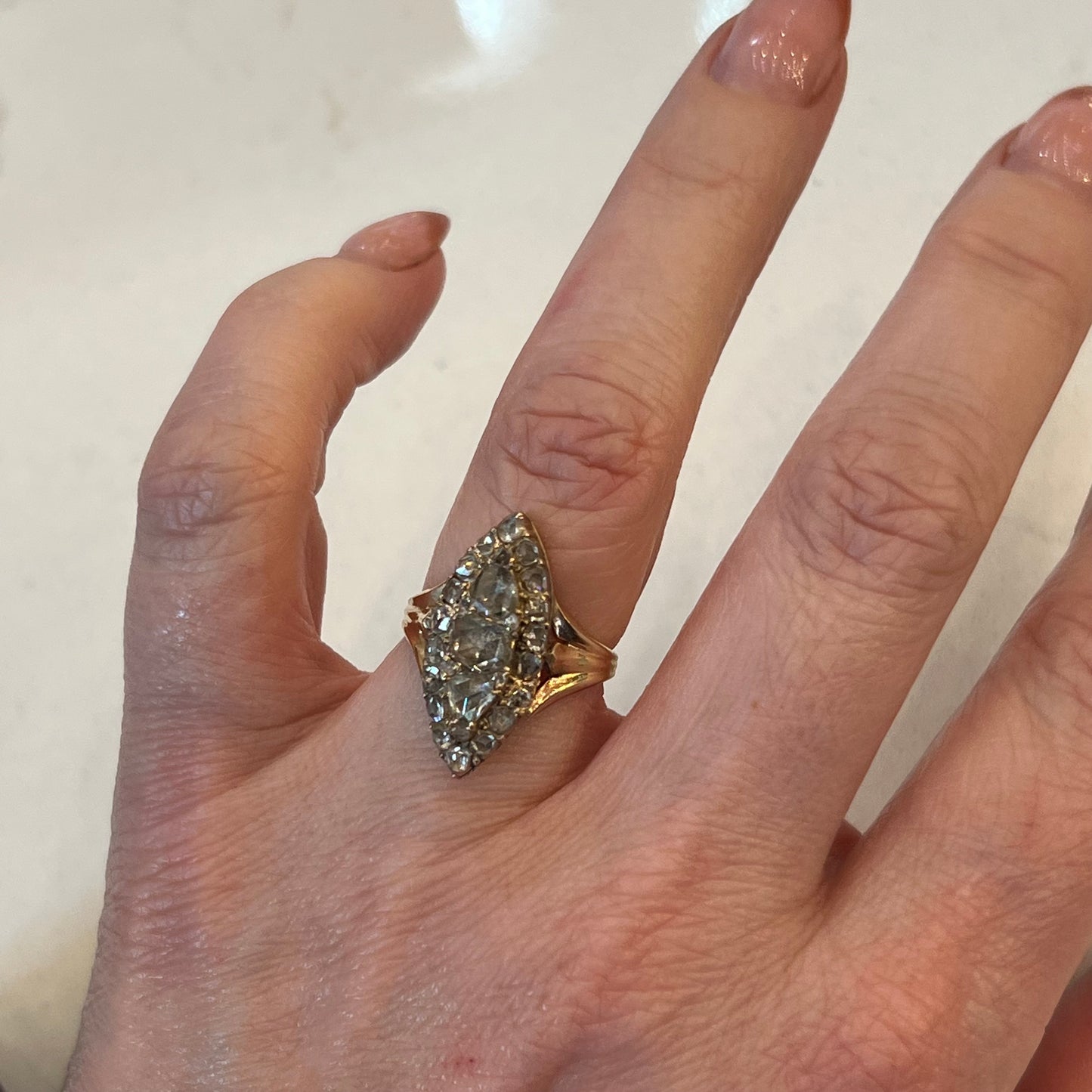1.10 Victorian Navette Diamond Ring in 10k Yellow Gold