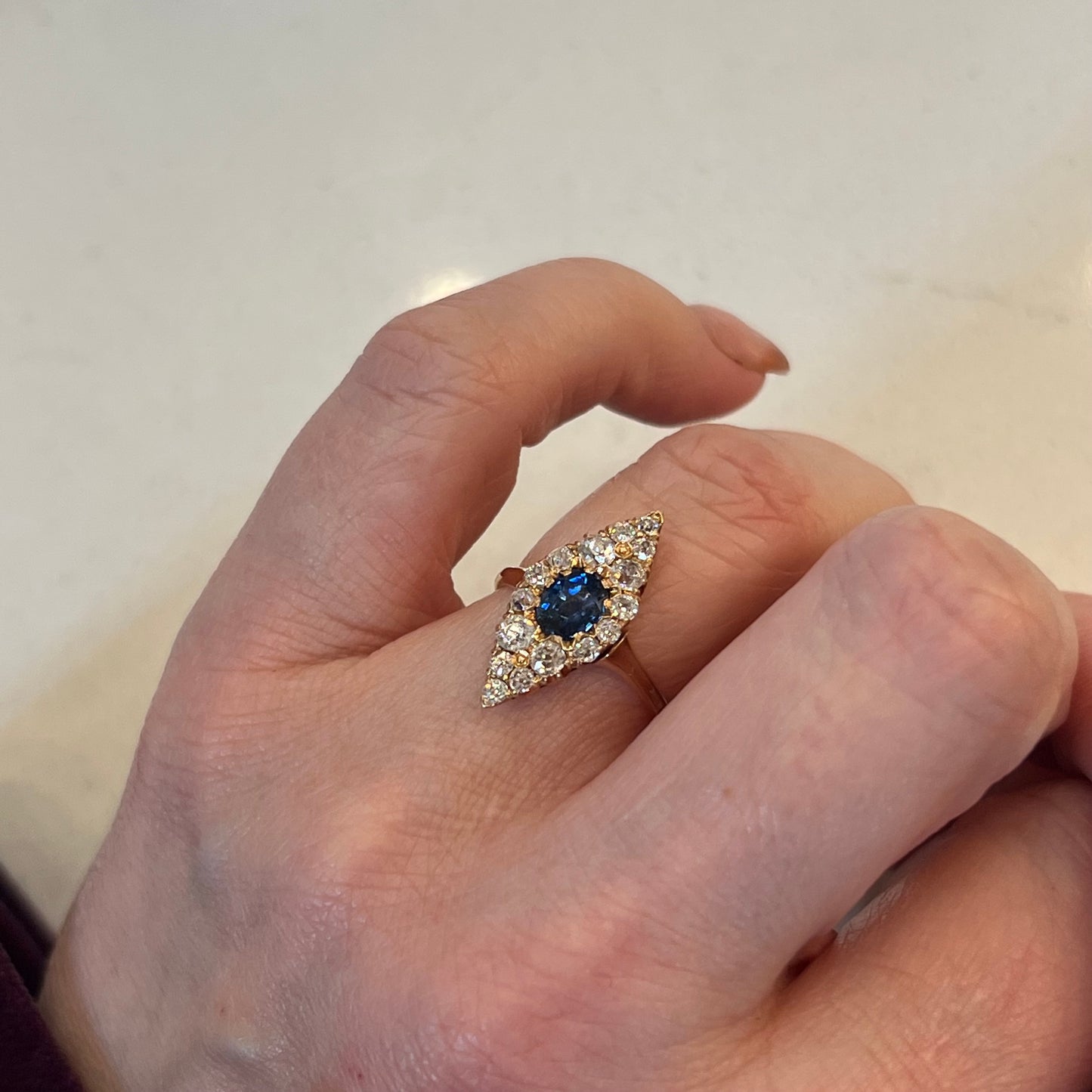 Vintage Victorian Navette Ring with Diamond & Sapphire