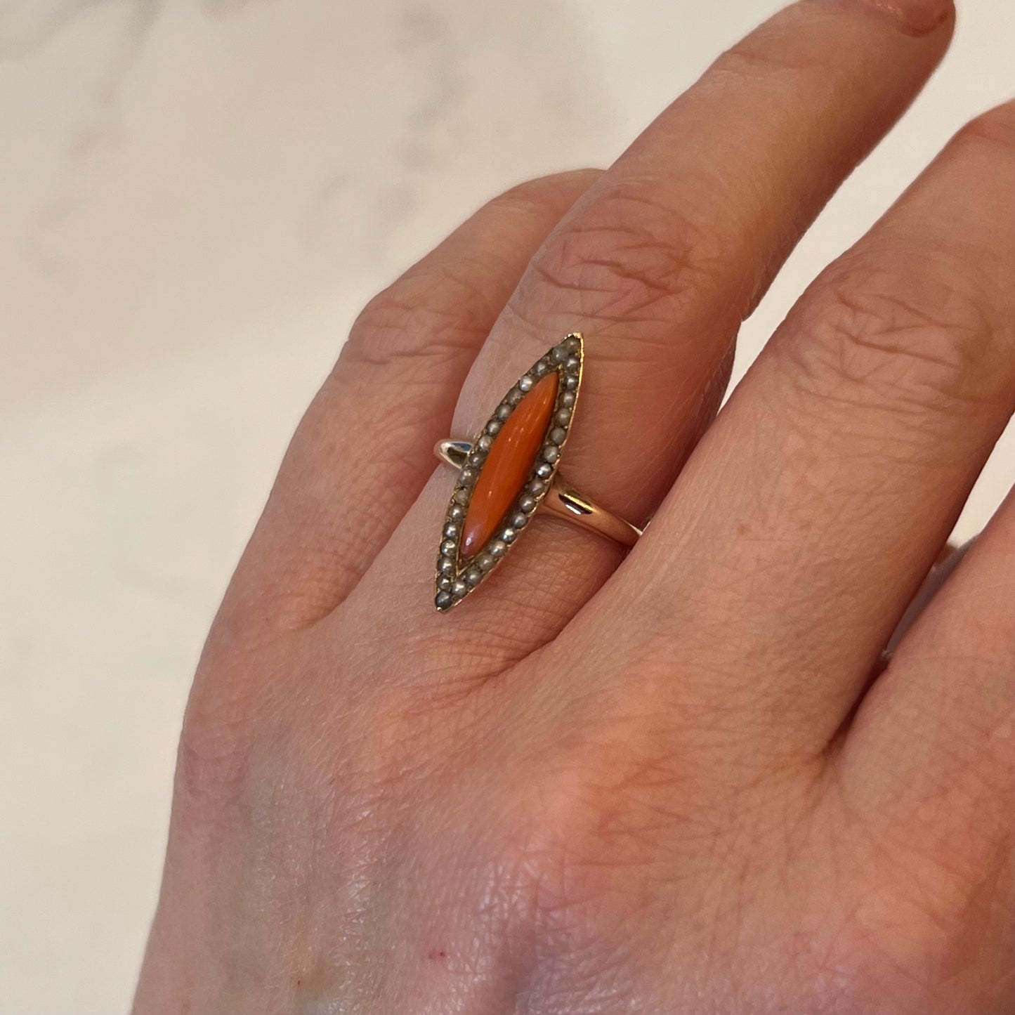 Antique Right Hand Ring Victorian Coral & Pearls in 14k Yellow Gold