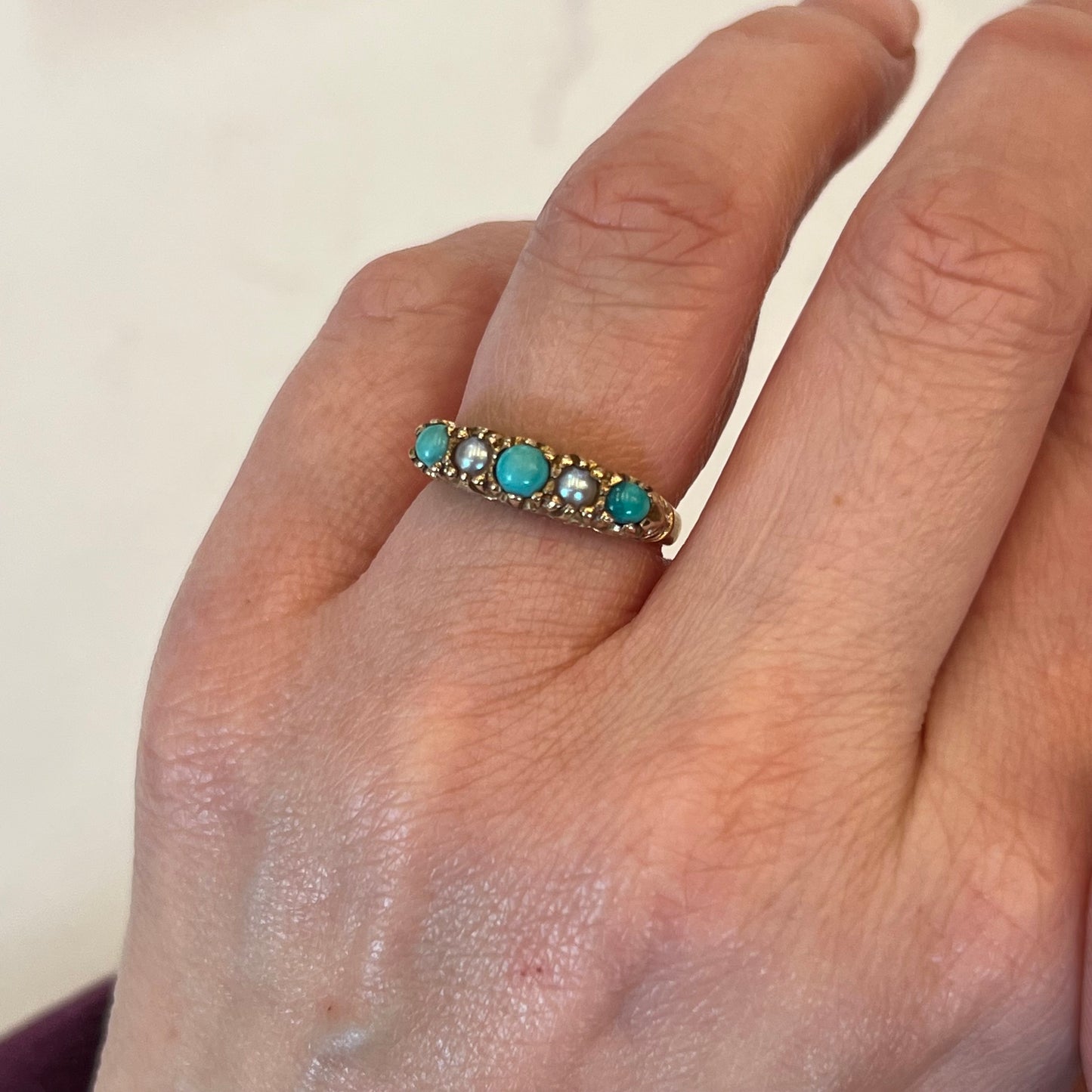 Victorian Turquoise and Pearl Ring in 9k Yellow Gold