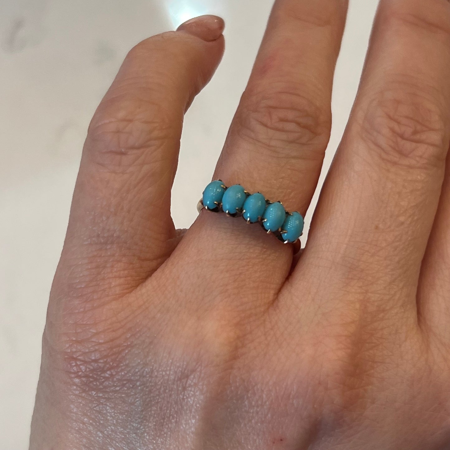 Victorian Cabochon Turquoise Five Stone Ring 10k Yellow Gold