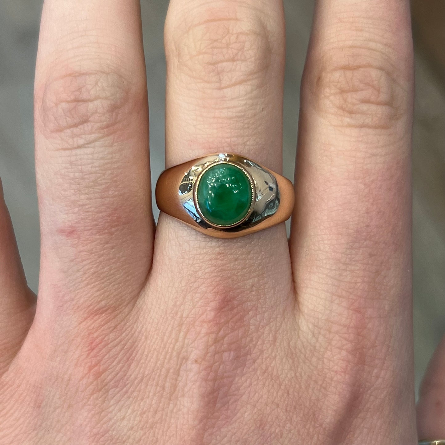 Mid-Century Cabochon Jade Cocktail Ring in 14k Rose Gold