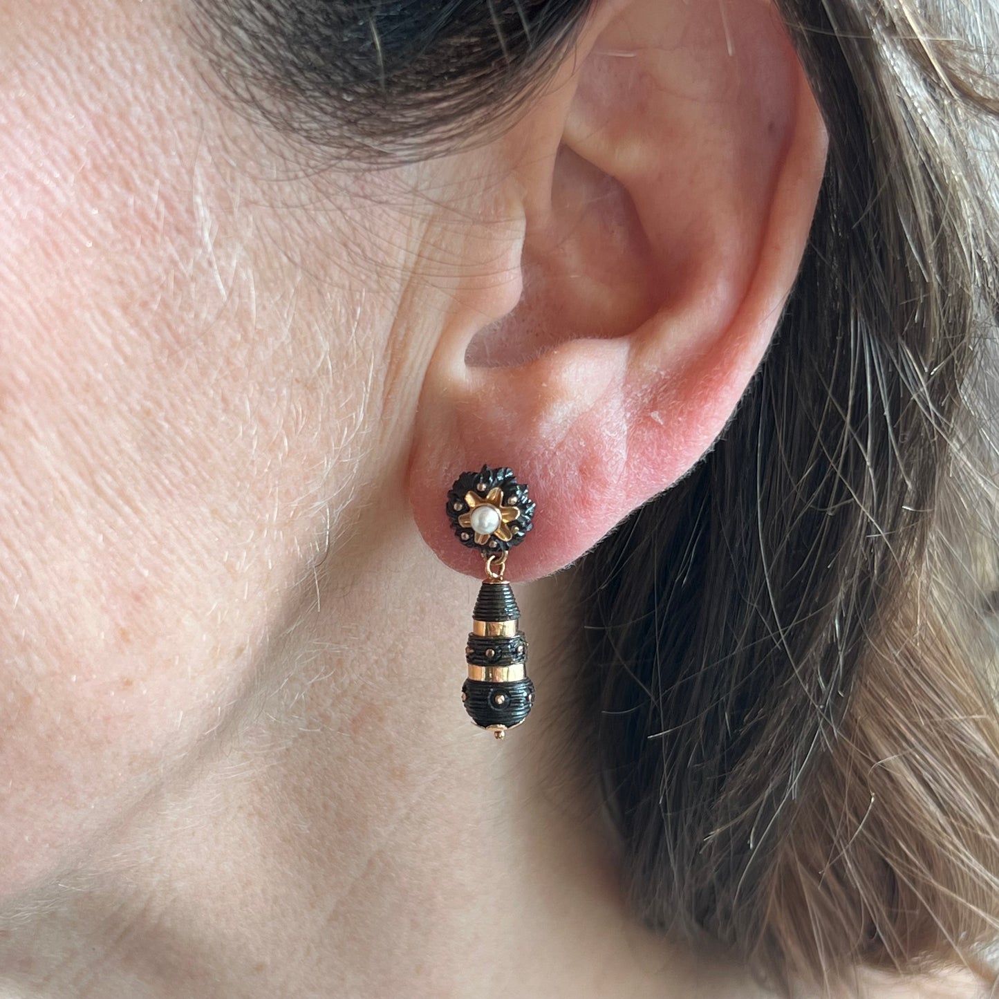 Victorian Bog Oak Earrings in 14K Yellow Gold