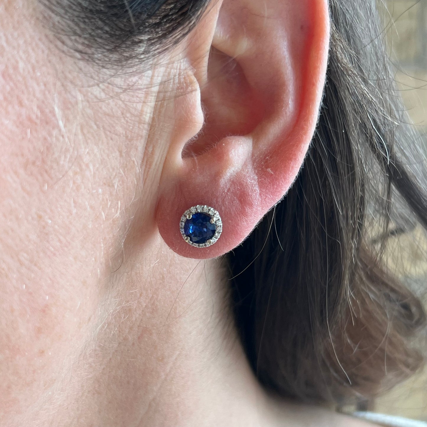 Round Cut Sapphire Stud Earrings with Diamond Halo in 14K White Gold