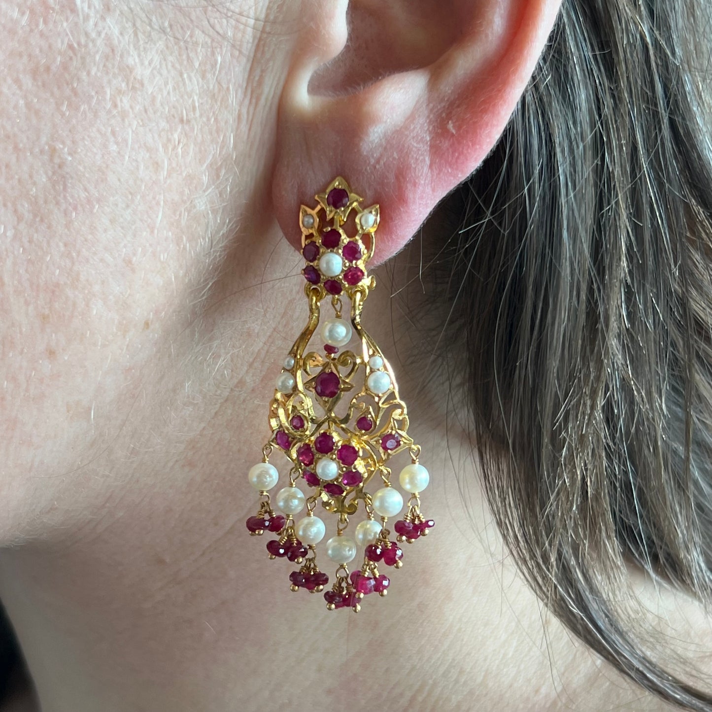 2.52 Ruby & Pearl Earrings in 22k Yellow Gold
