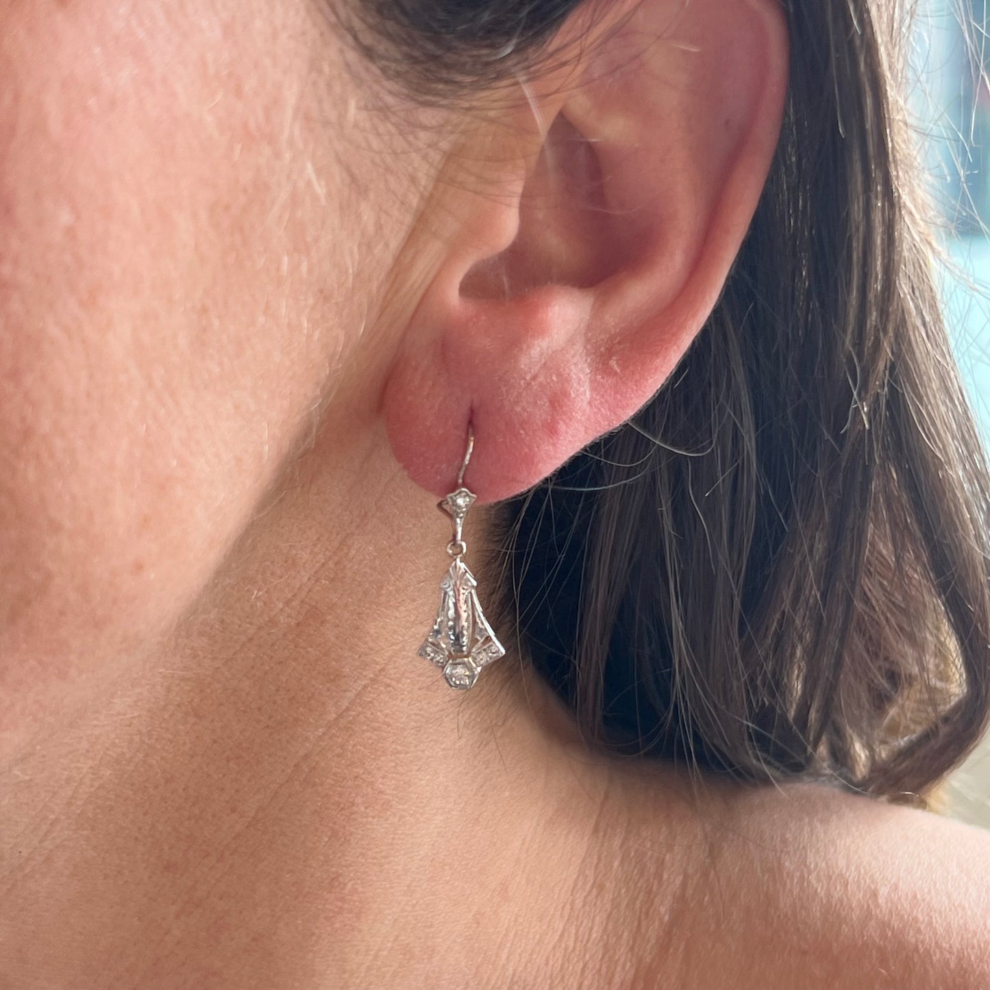 Art Deco Style Diamond Earrings in White Gold